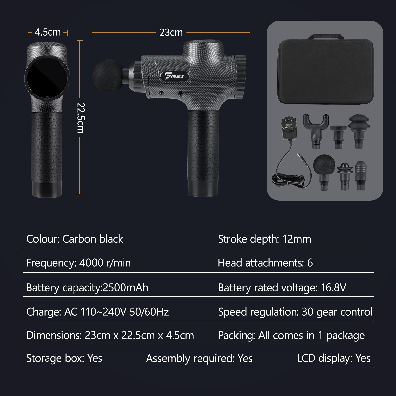 Finex Massage Gun 6 Heads Massager Vibration Muscle Percussion Therapy Tissue - Sunyee
