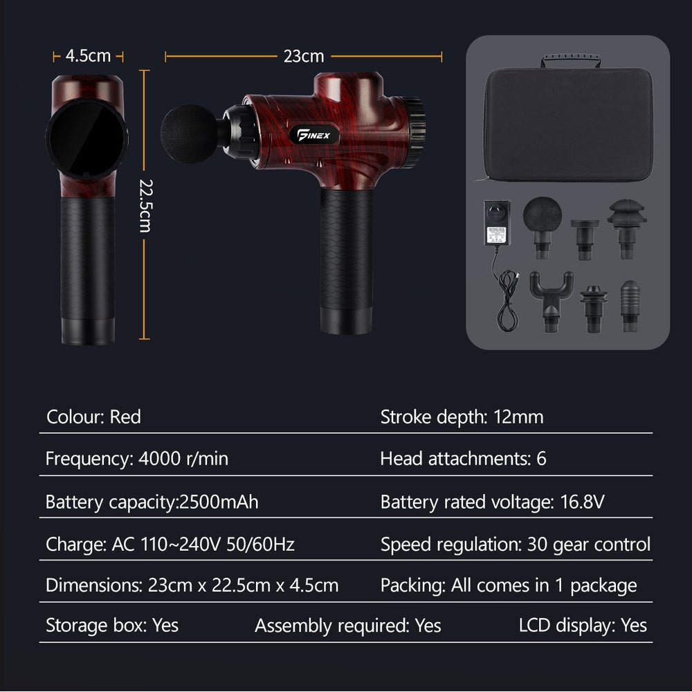 Finex Massage Gun 6 Heads LCD Percussion Vibration Muscle Therapy Deep Tissue - Sunyee