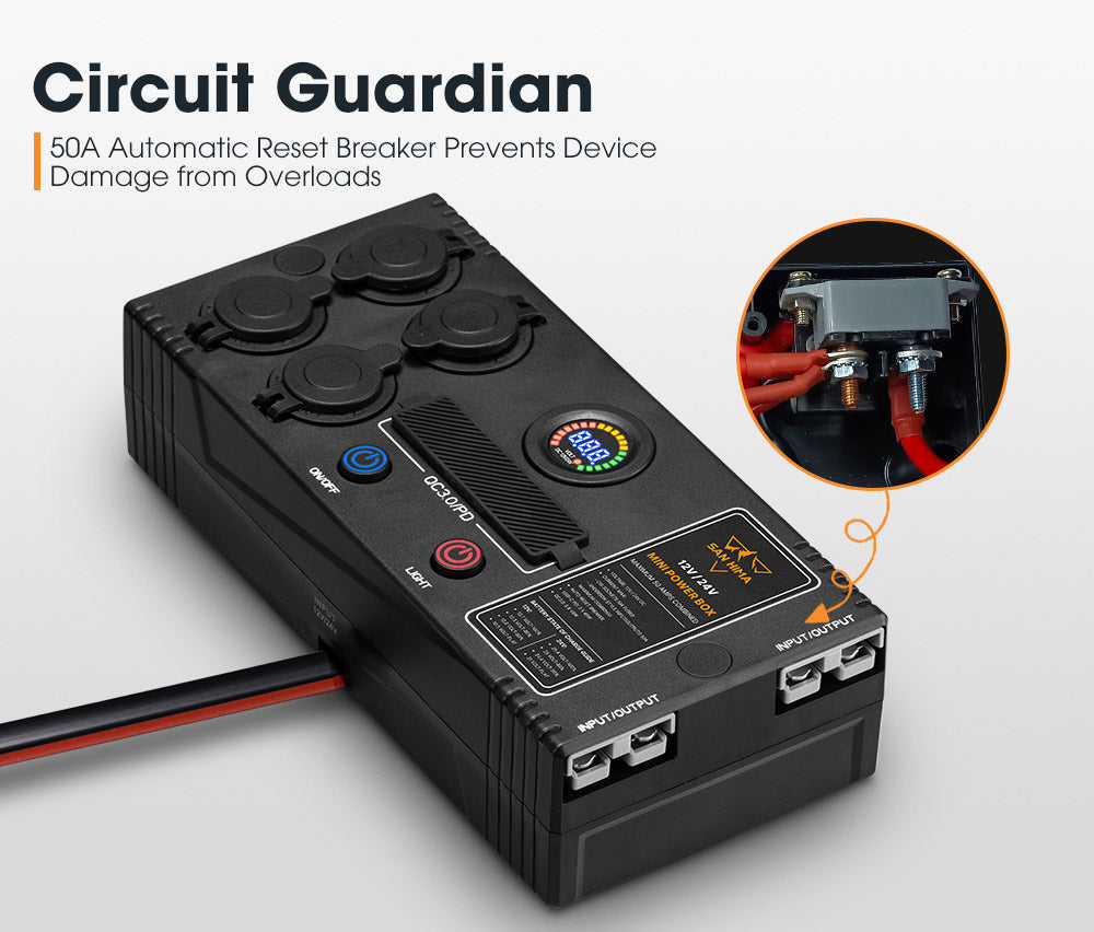 San Hima 12V/24V Mini Power Box Portable Control Hub QC 3.0 Ports W/ Led Light - Sunyee