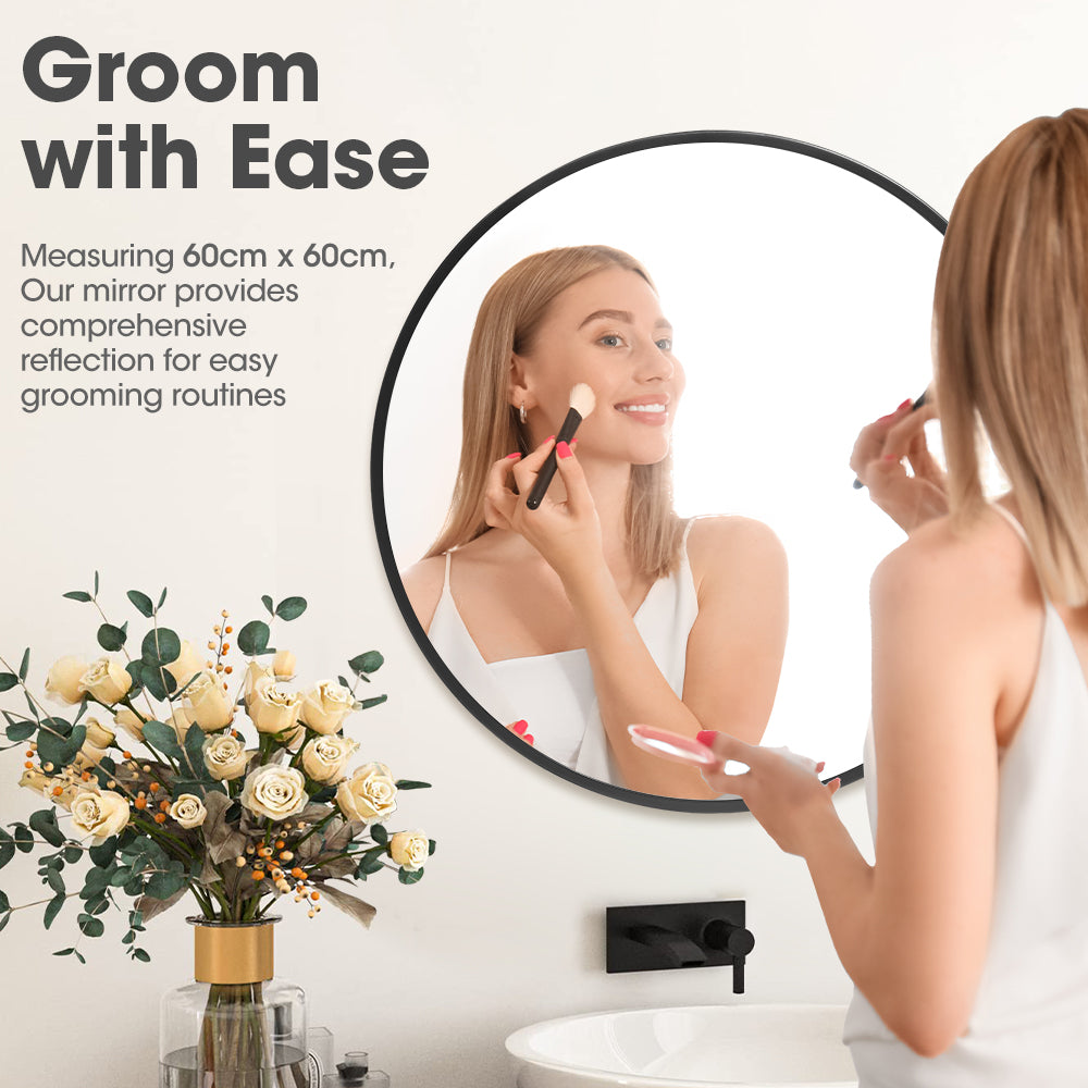 ProPulse Round Wall Mirror 60cm Bathroom Makeup Mirrors Home Decor Metal Frame - Sunyee