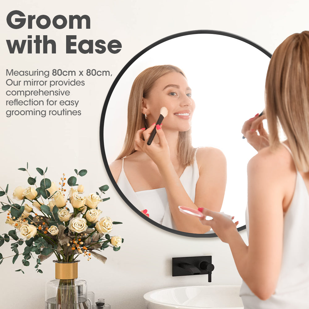 ProPulse Round Wall Mirror 80cm Bathroom Makeup Mirrors Home Decor Metal Frame - Sunyee
