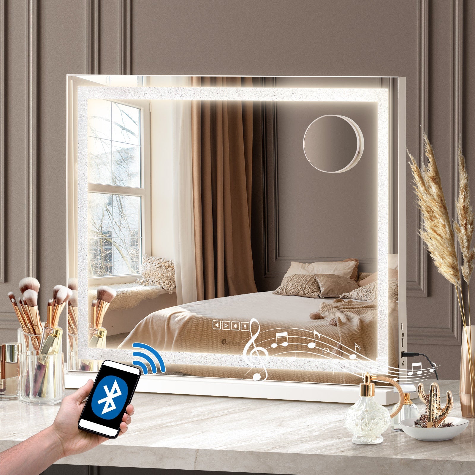 Oikiture Hollywood Mirrors Makeup Magnifying Mirror Bluetooth with LED Lights - Sunyee