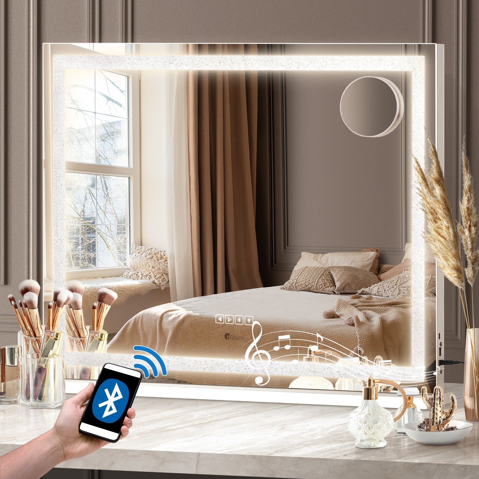 Oikiture Hollywood Mirrors Makeup Magnifying Mirror Bluetooth with LED Lights - Sunyee