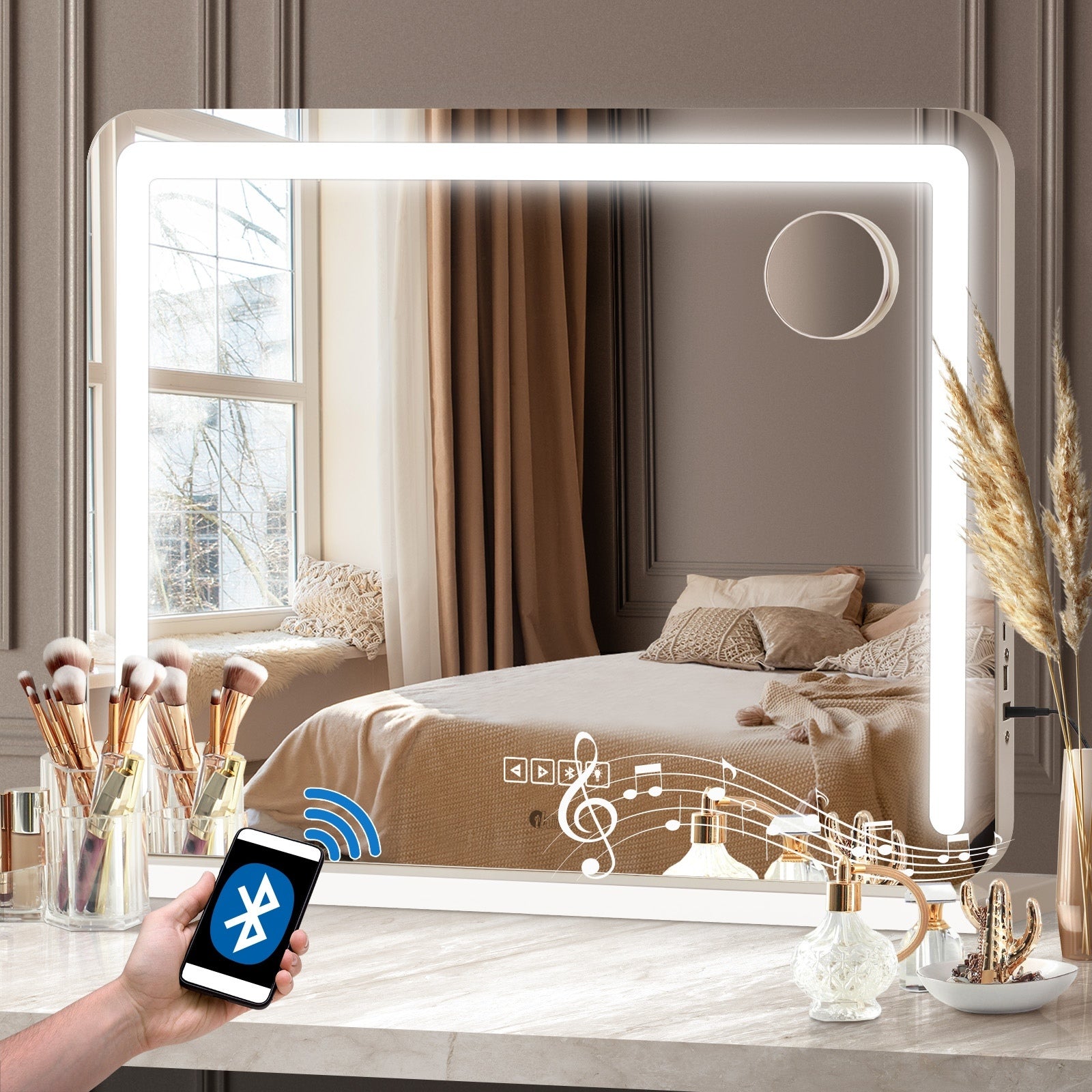 Oikiture Hollywood Mirrors Makeup Magnifying Mirror Bluetooth with LED Lights - Sunyee