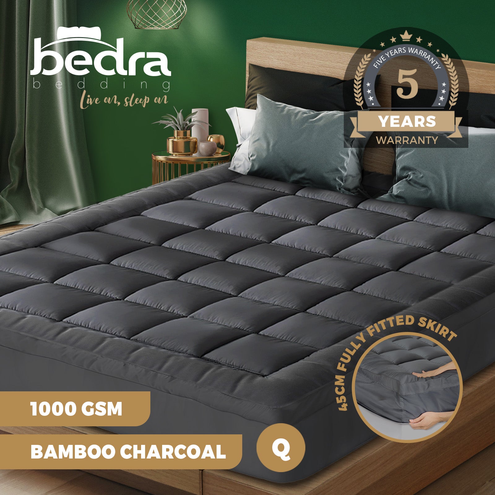Bedra Mattress Protector Bamboo Charcoal Pillowtop Topper Cover 1000GSM All Size - Sunyee