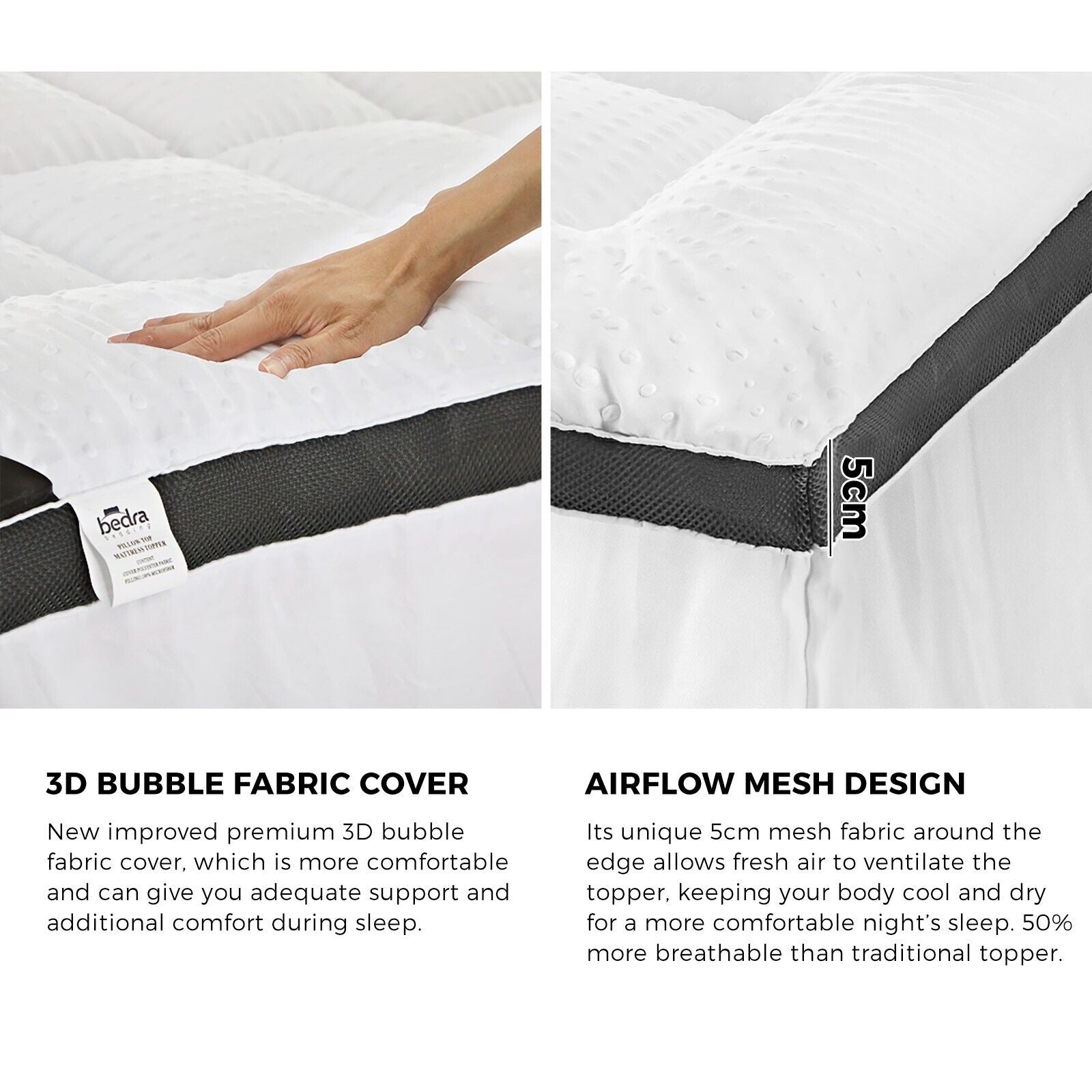 Bedra Mattress Topper Pillowtop Airflow Mesh Design Bed Protector Mat 5cm Single - Sunyee