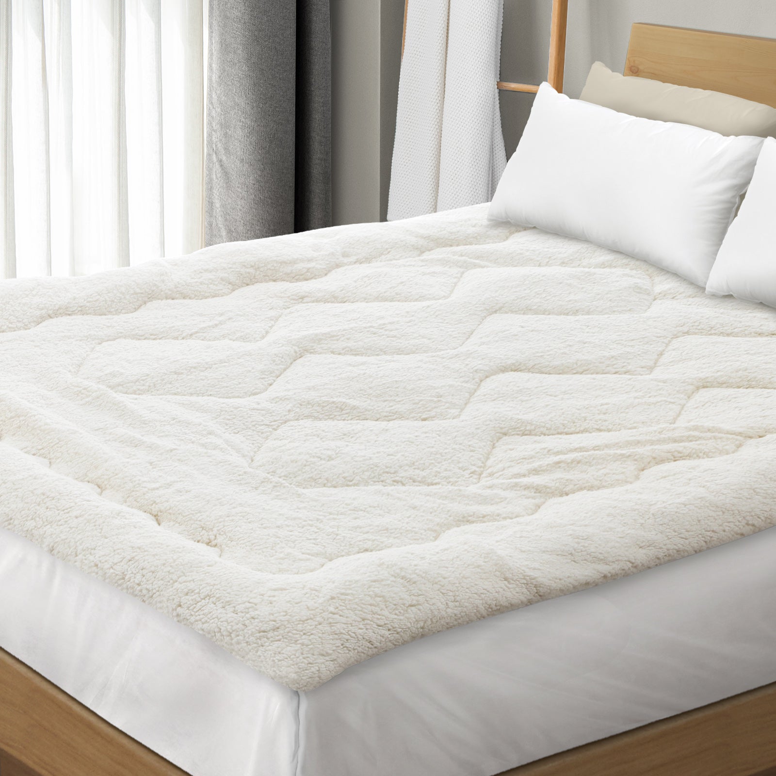 Bedra Mattress Topper Sherpa Fleece Pillowtop Fitted King Single Double Queen - Sunyee