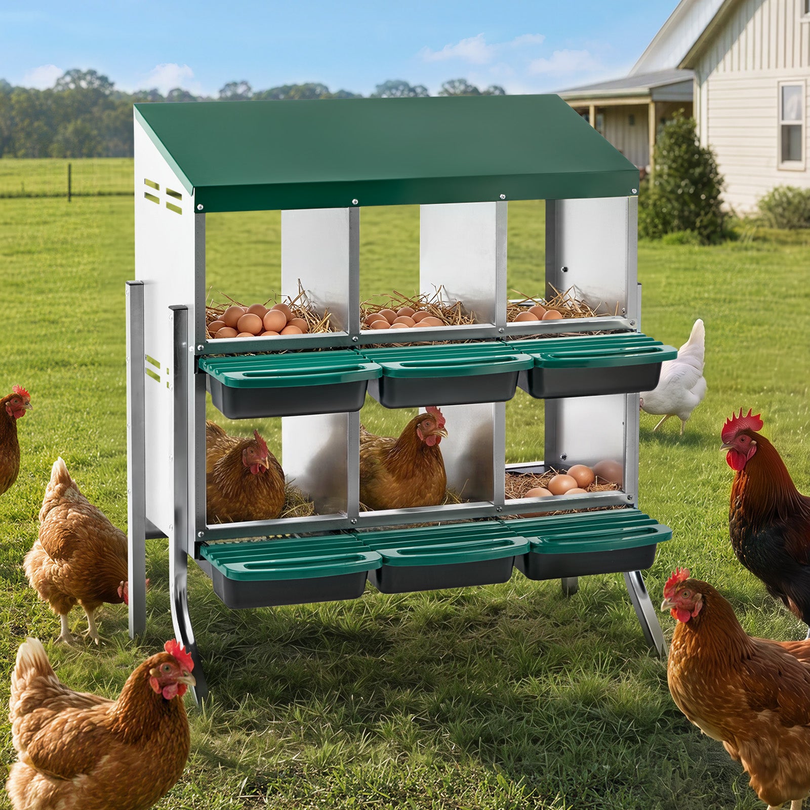 Alopet 6 Holes Chicken Nesting Box Roll Away Hen Chook Laying Boxes with Stand
