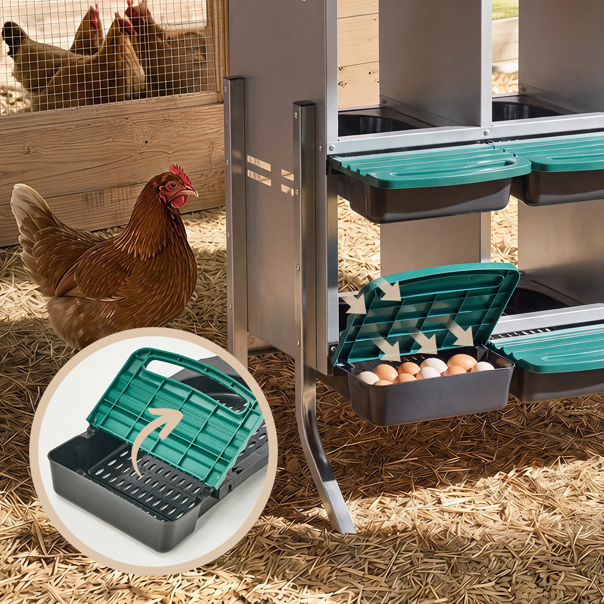 Alopet 6 Holes Chicken Nesting Box Roll Away Hen Chook Laying Boxes with Stand