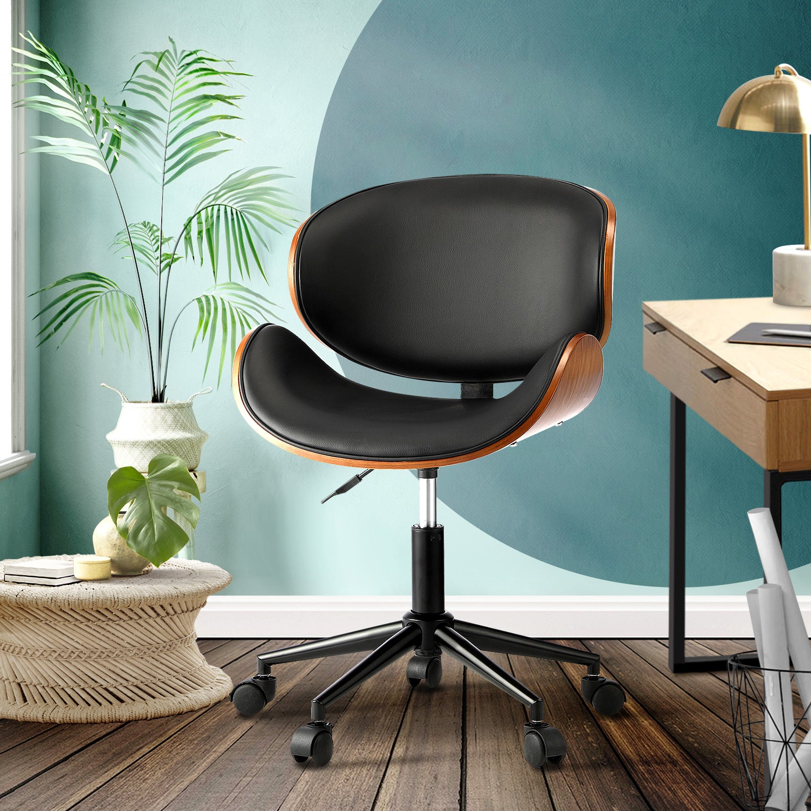 Oikiture Wooden Office Chair Computer Chairs Executive Bentwood Seat PU Leather - Sunyee