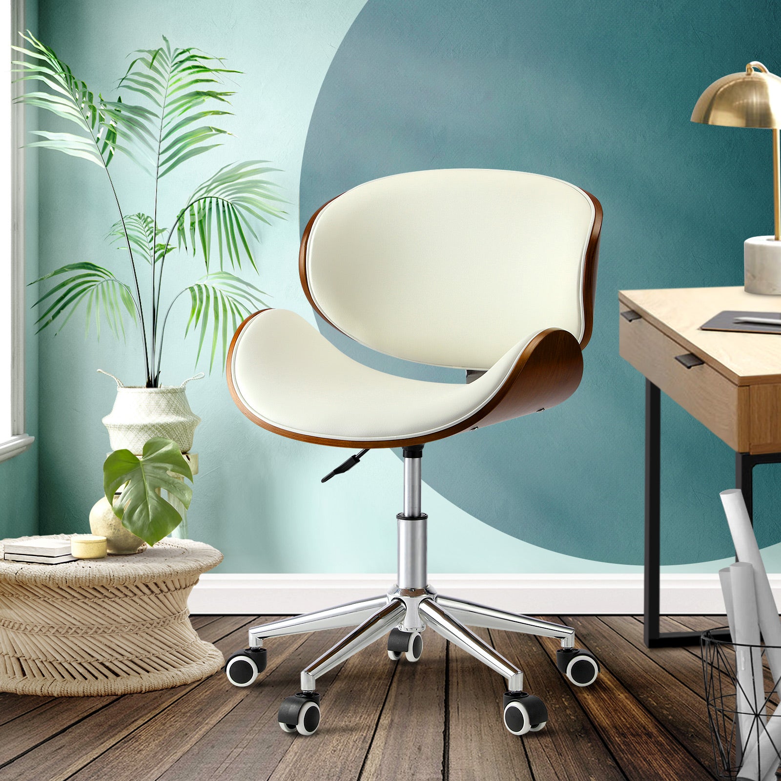 Oikiture Wooden Office Chair Computer Chairs Executive PU Leather Bentwood Seat - Sunyee