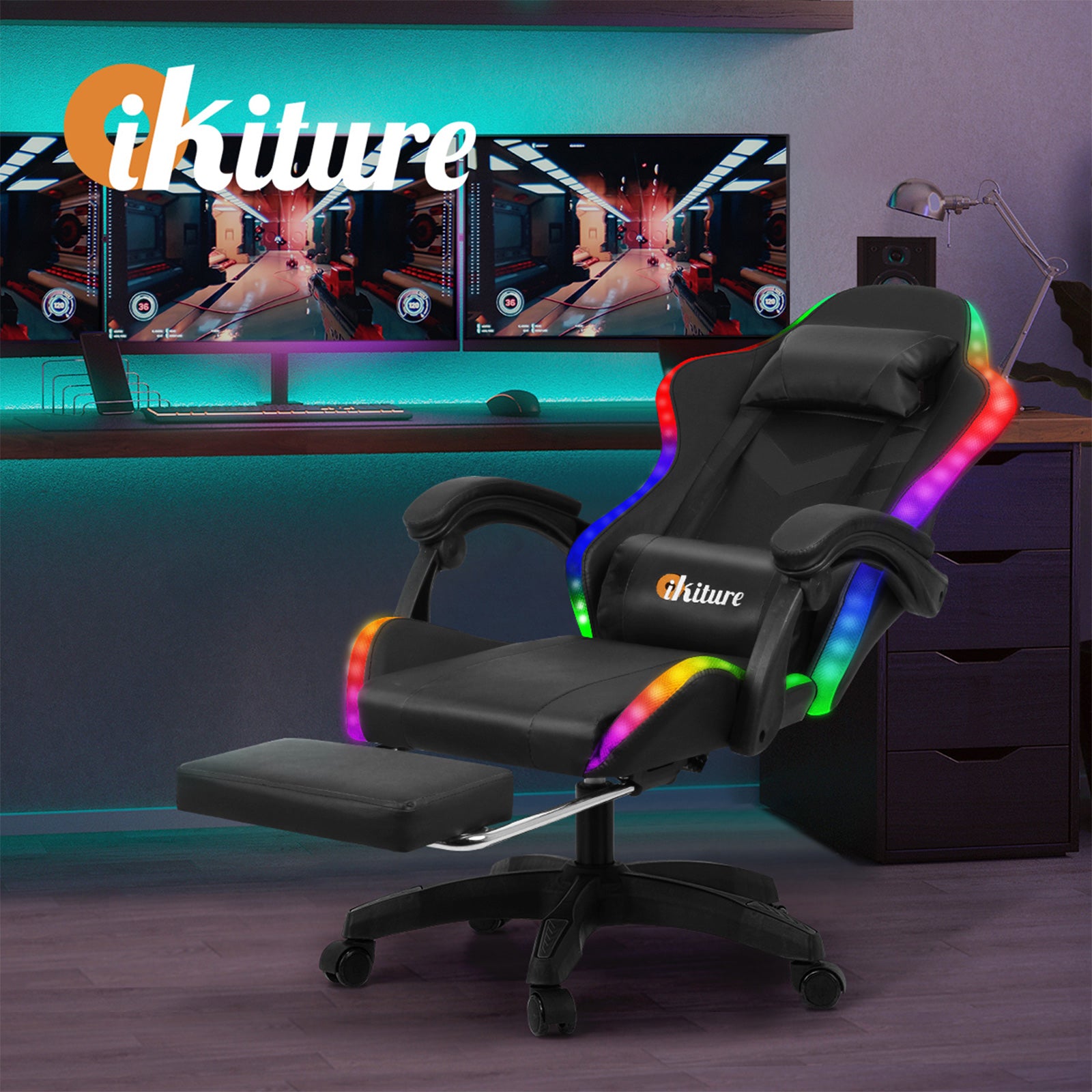 Oikiture Gaming Chair 7 RGB LED 8 Points Massage Racing Recliner Office Computer - Sunyee