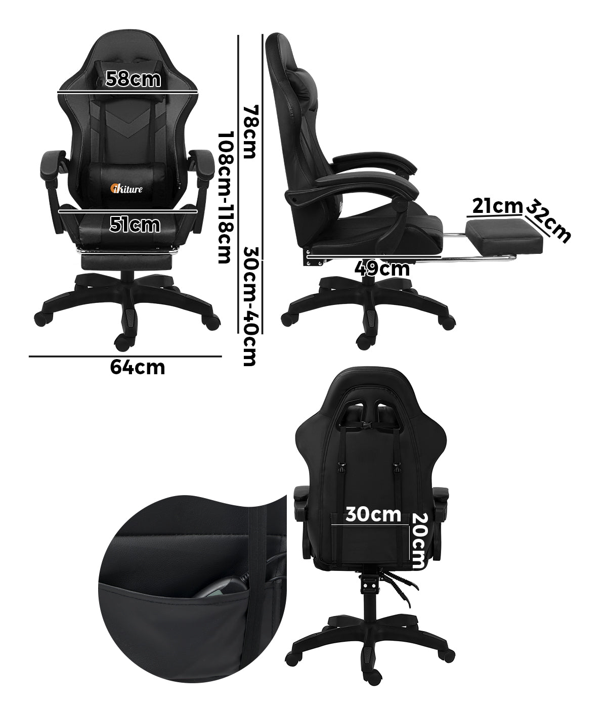 Oikiture Gaming Chair 7 RGB LED 8 Points Massage Racing Recliner Office Computer - Sunyee