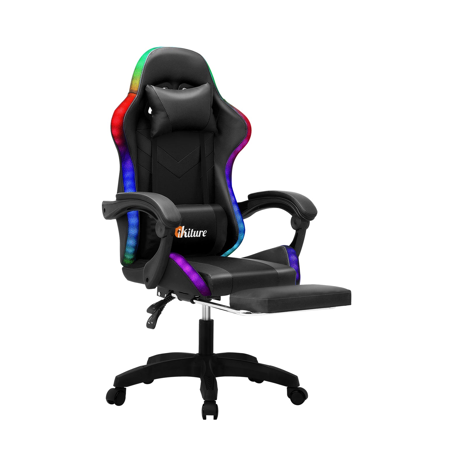 Oikiture Gaming Chair 7 RGB LED 8 Points Massage Racing Recliner Office Computer - Sunyee