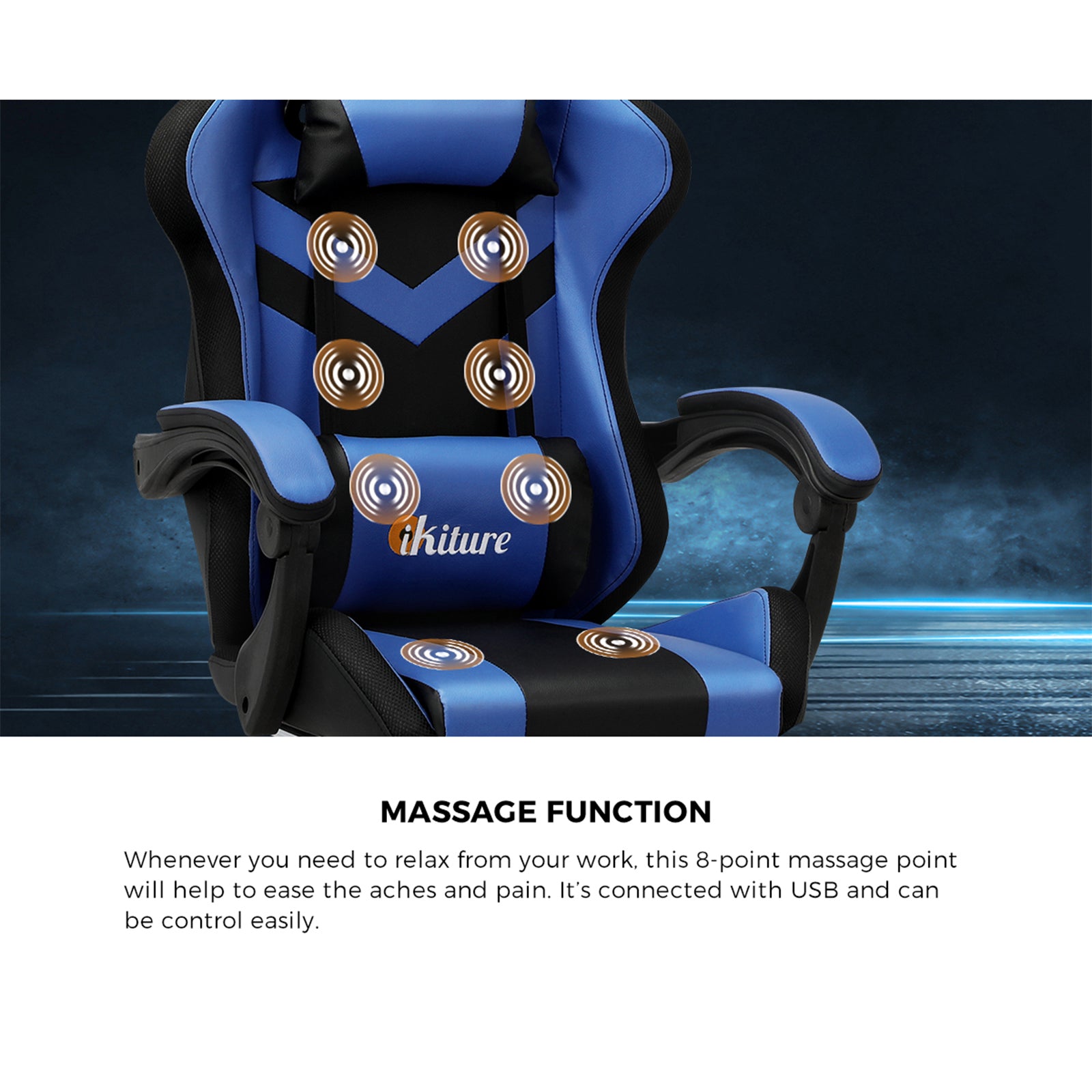 Oikiture Gaming Chair 7 RGB LED 8 Points Massage Racing Recliner Office Computer - Sunyee