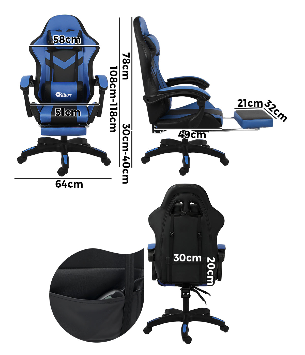 Oikiture Gaming Chair 7 RGB LED 8 Points Massage Racing Recliner Office Computer - Sunyee