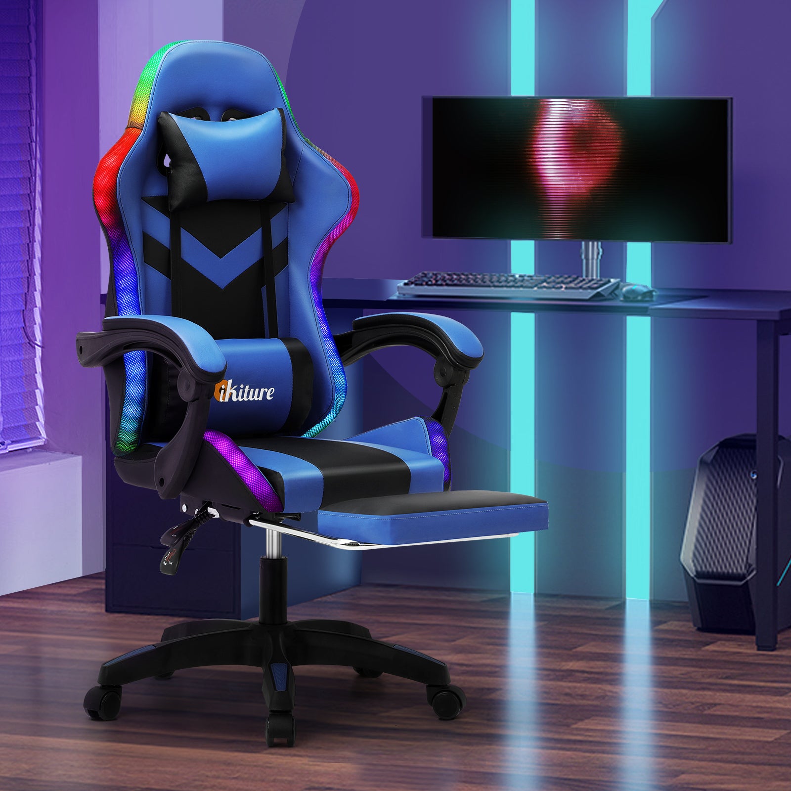 Oikiture Gaming Chair 7 RGB LED 8 Points Massage Racing Recliner Office Computer - Sunyee
