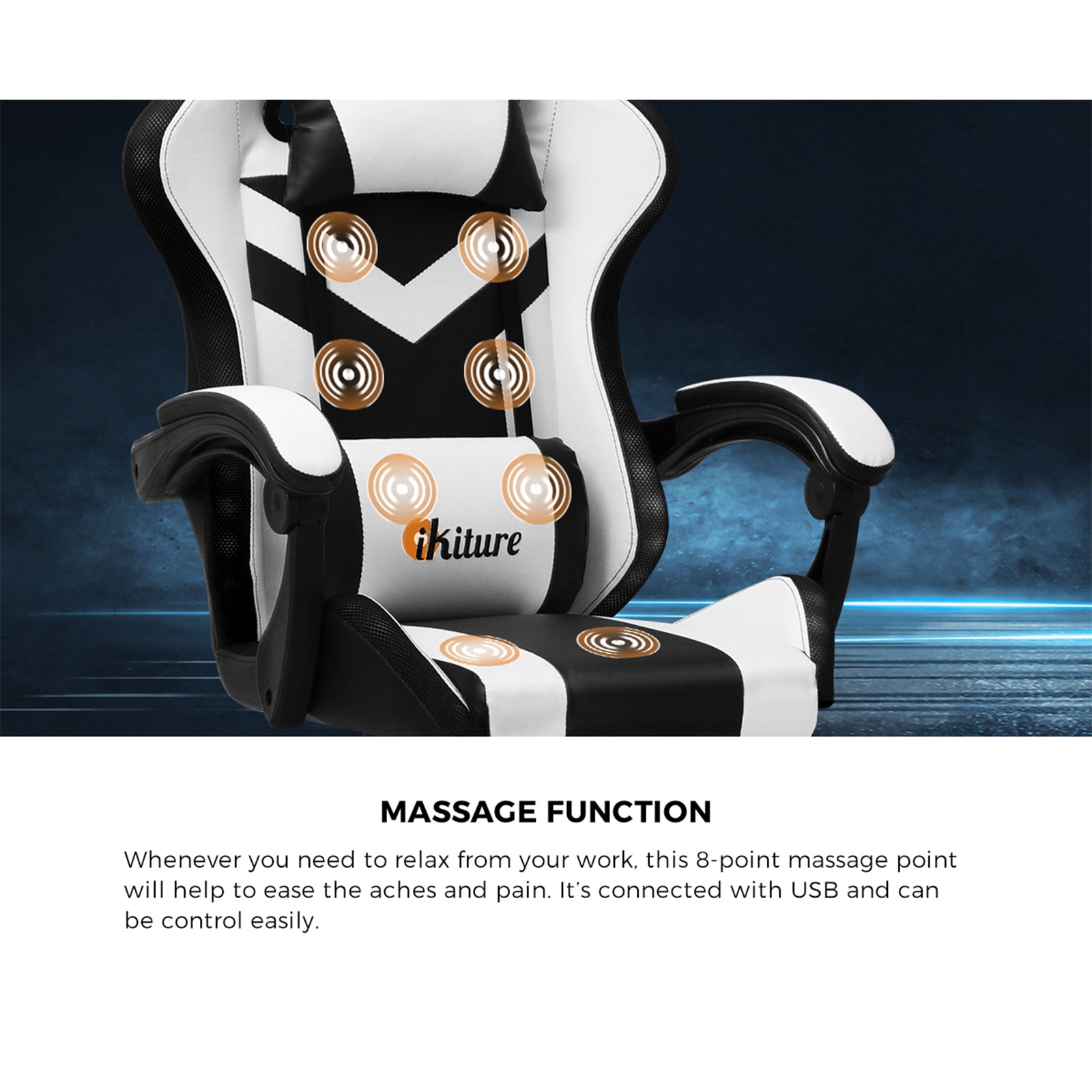 Oikiture Gaming Chair 7 RGB LED 8 Points Massage Racing Recliner Office White - Sunyee