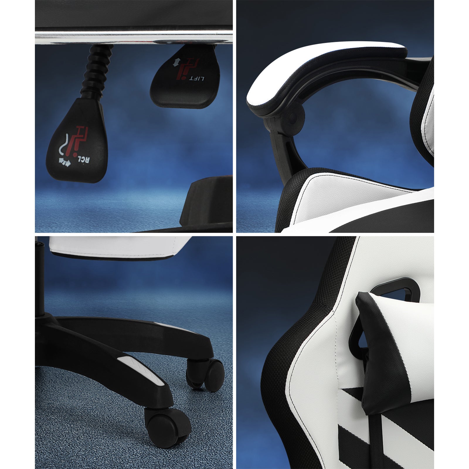 Oikiture Gaming Chair 7 RGB LED 8 Points Massage Racing Recliner Office White - Sunyee