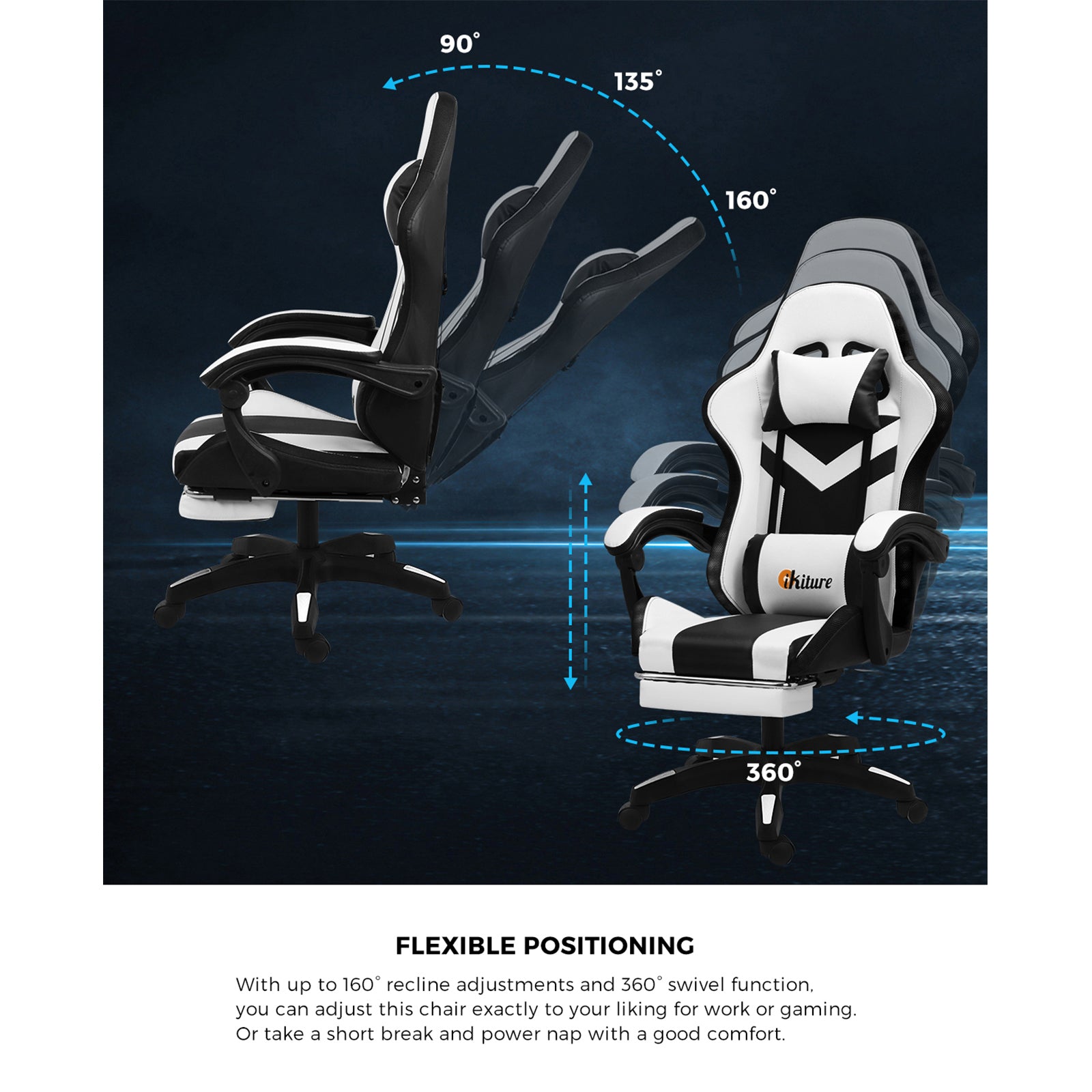 Oikiture Gaming Chair 7 RGB LED 8 Points Massage Racing Recliner Office White - Sunyee