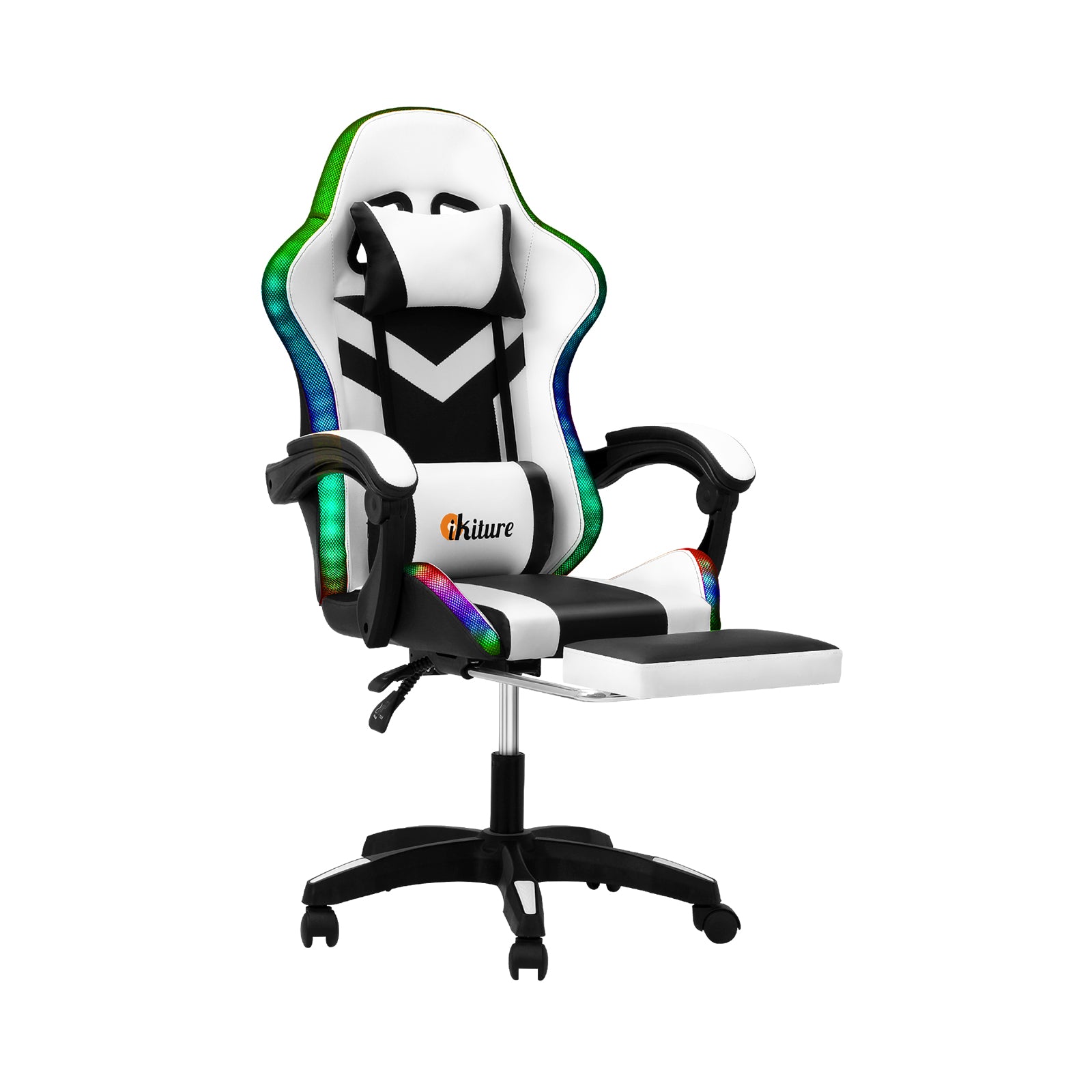 Oikiture Gaming Chair 7 RGB LED 8 Points Massage Racing Recliner Office White - Sunyee