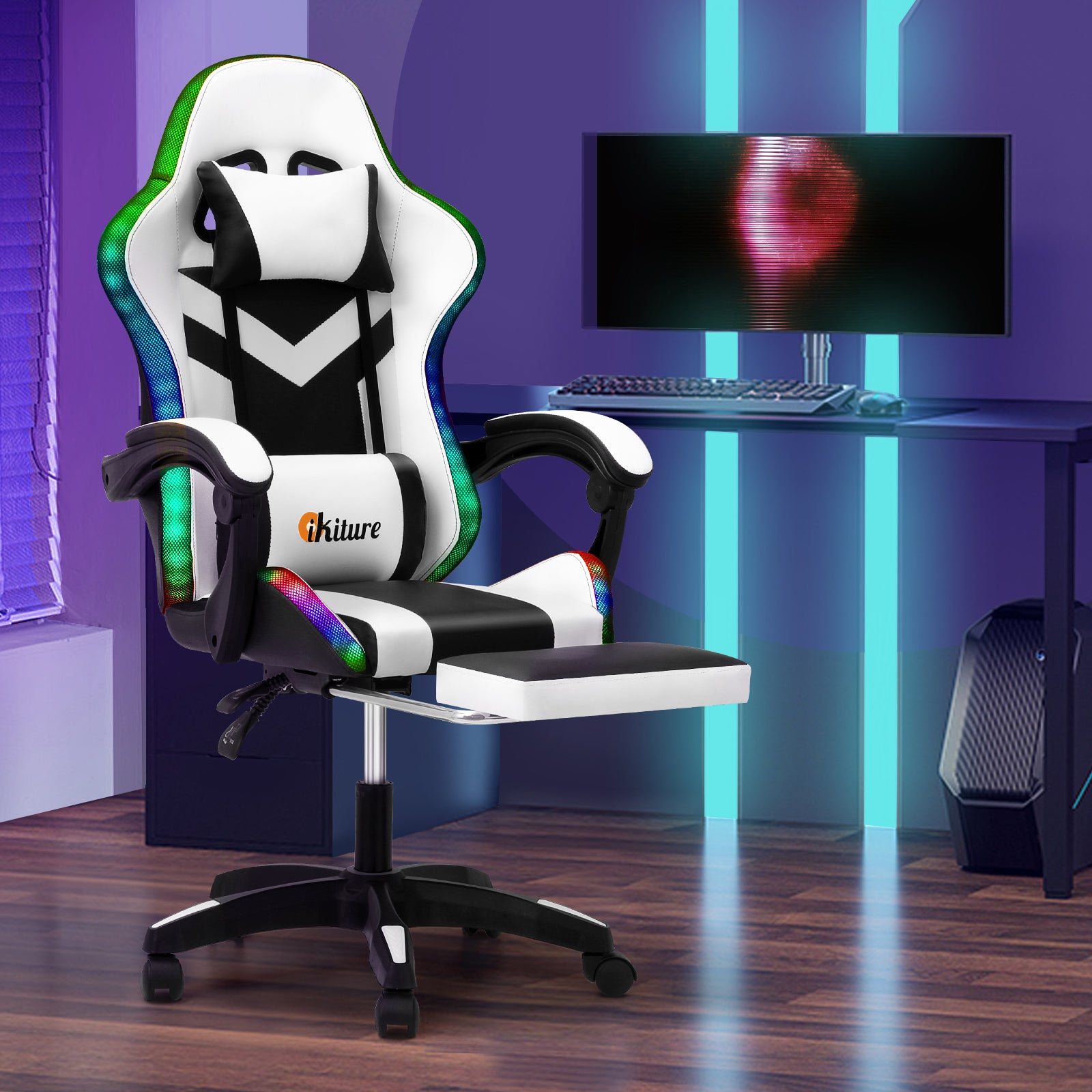 Oikiture Gaming Chair 7 RGB LED 8 Points Massage Racing Recliner Office White - Sunyee