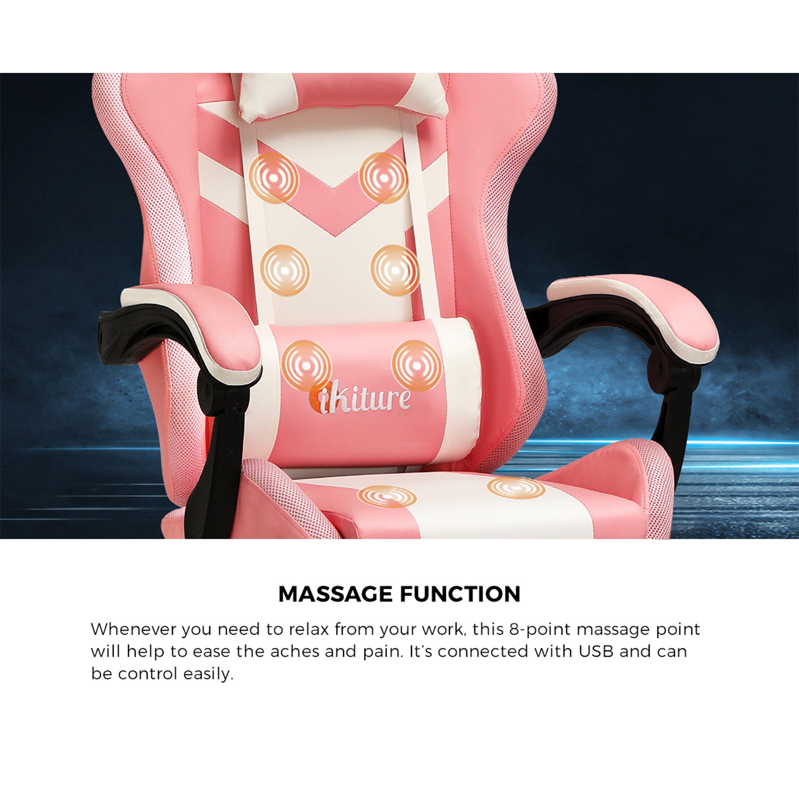 Oikiture Gaming Chair 7 RGB LED 8 Points Massage Racing Recliner Office Computer - Sunyee