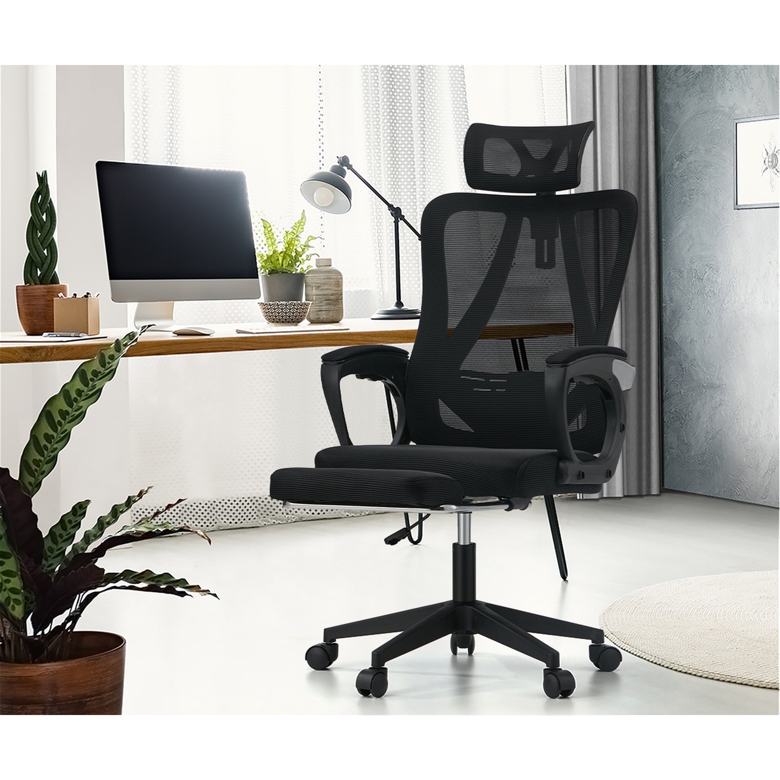 Oikiture Mesh Office Chair Adjustable Lumbar Support Reclining Footrest Black - Sunyee