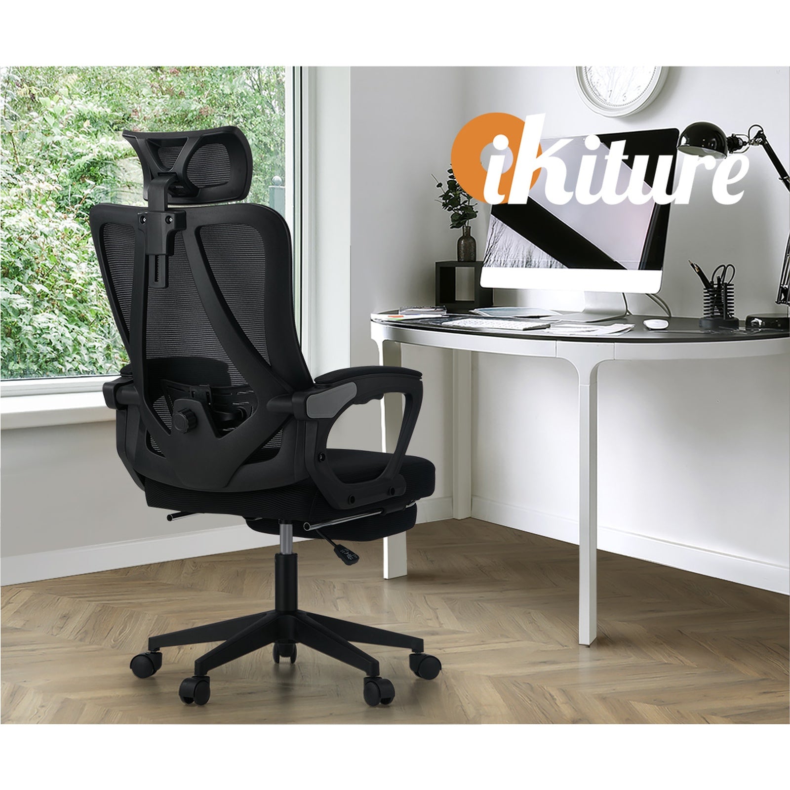 Oikiture Mesh Office Chair Adjustable Lumbar Support Reclining Footrest Black - Sunyee