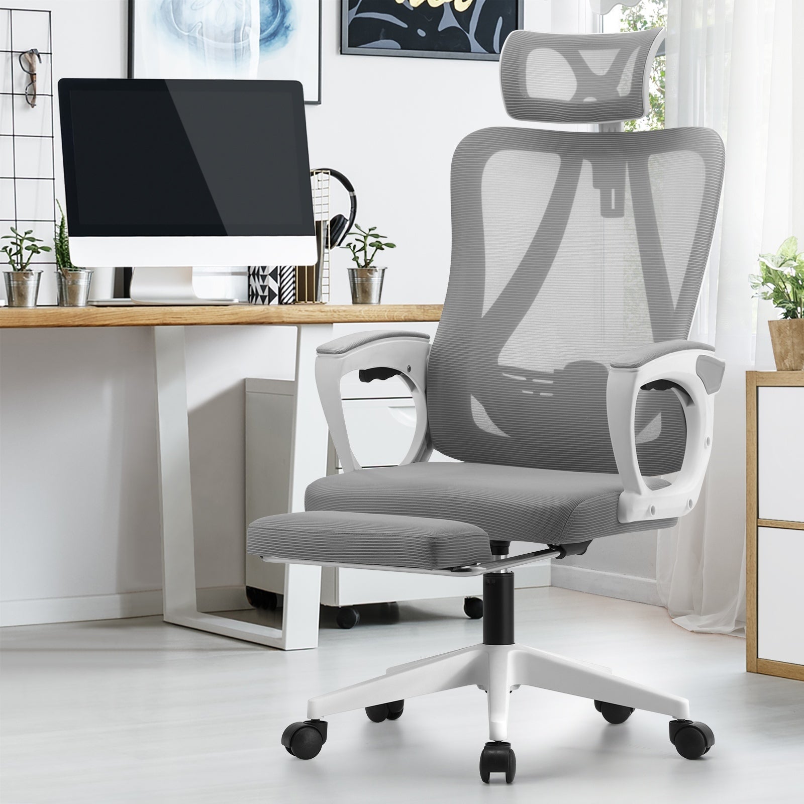 Oikiture Mesh Office Chair Adjustable Lumbar Support Reclining Footrest White - Sunyee