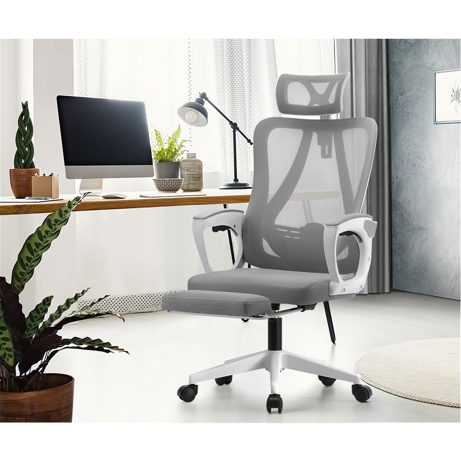 Oikiture Mesh Office Chair Adjustable Lumbar Support Reclining Footrest White - Sunyee