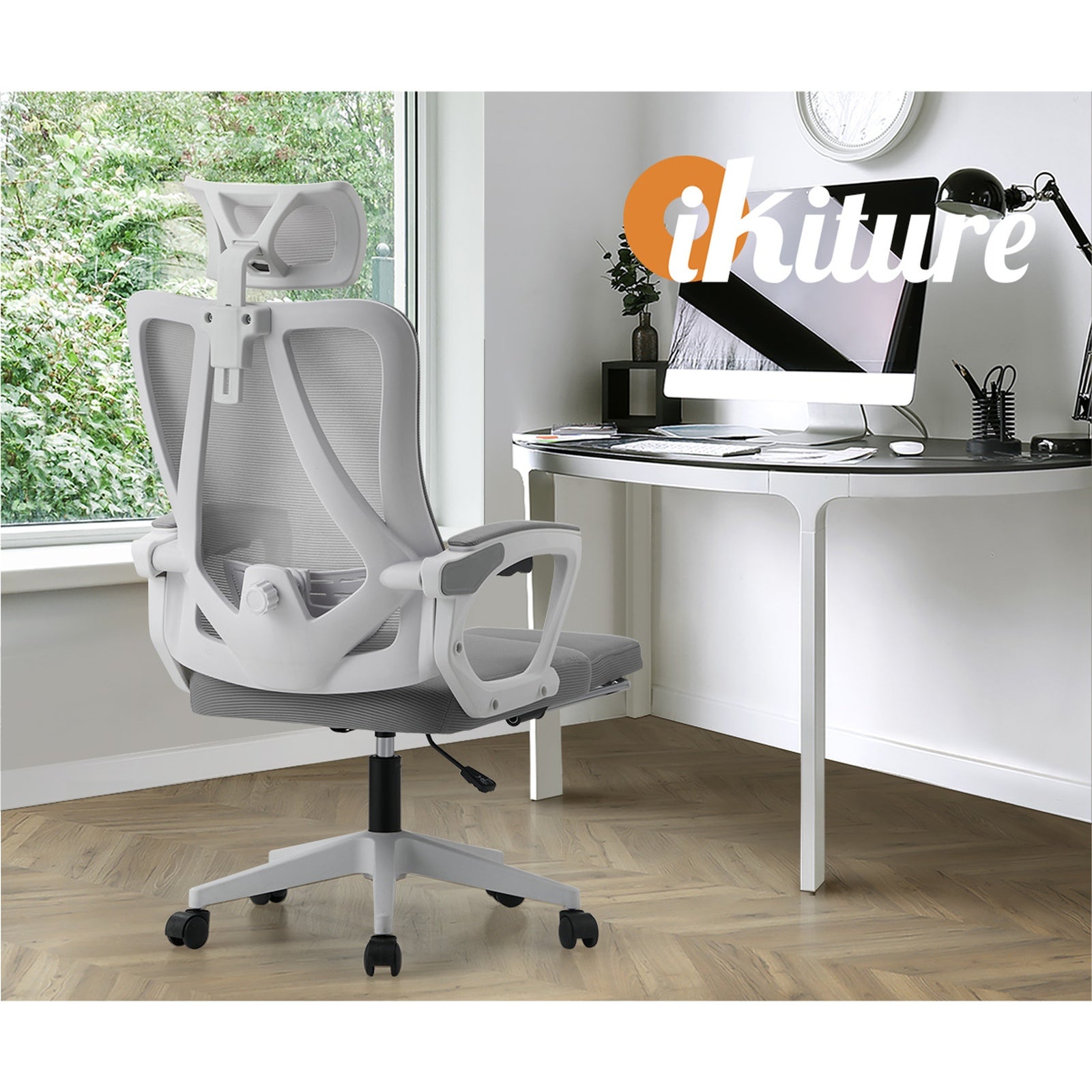 Oikiture Mesh Office Chair Adjustable Lumbar Support Reclining Footrest White - Sunyee
