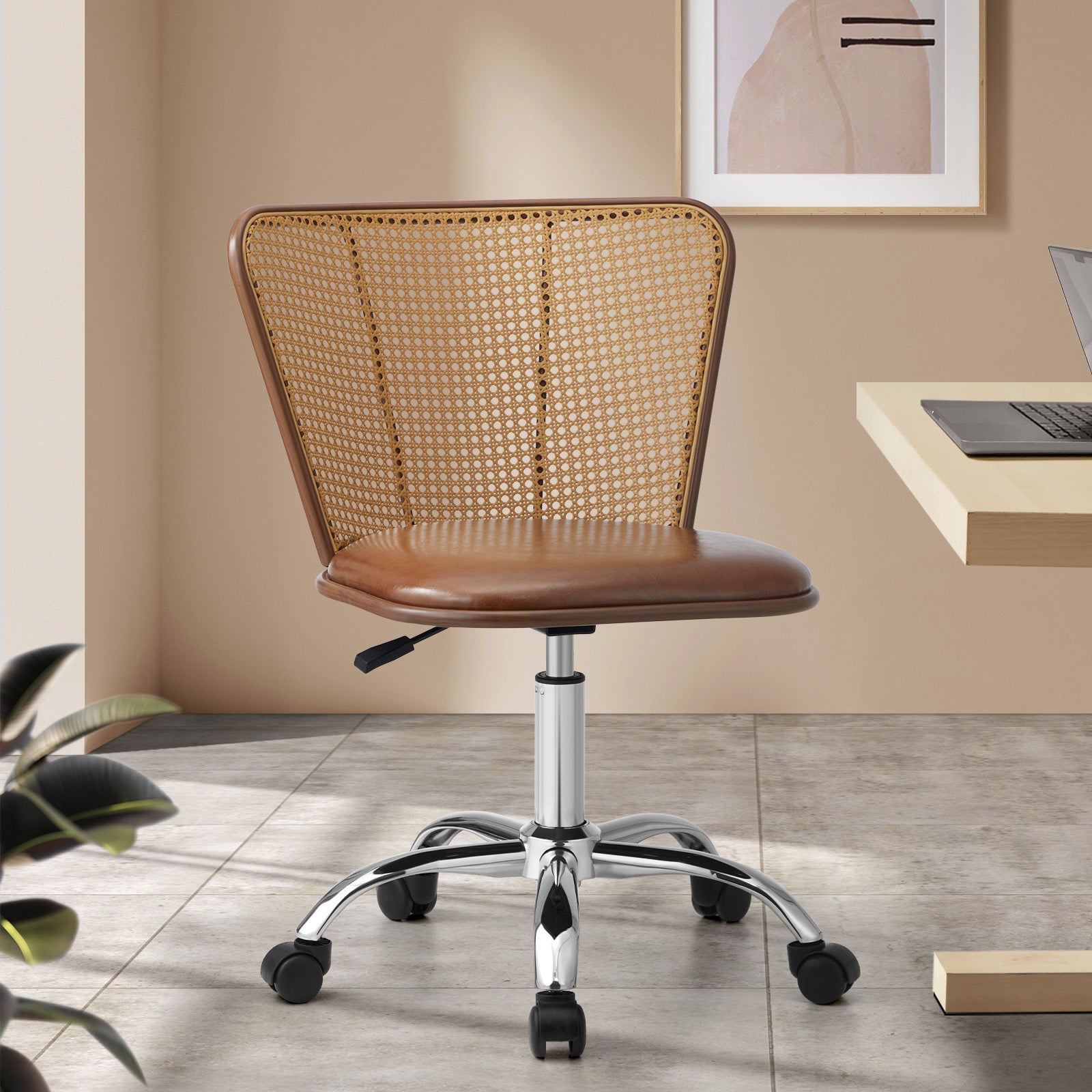 Oikiture Office Chair Executive Rattan Computer Chairs PU Leather Seat Brown - Sunyee