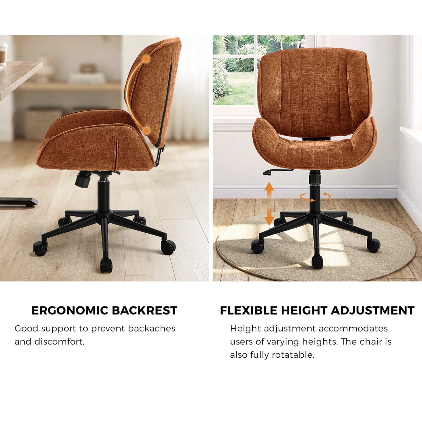 Oikiture Armless Office Chair Mid Back Swivel Gaming Desk Chair w/ Wheels Orange
