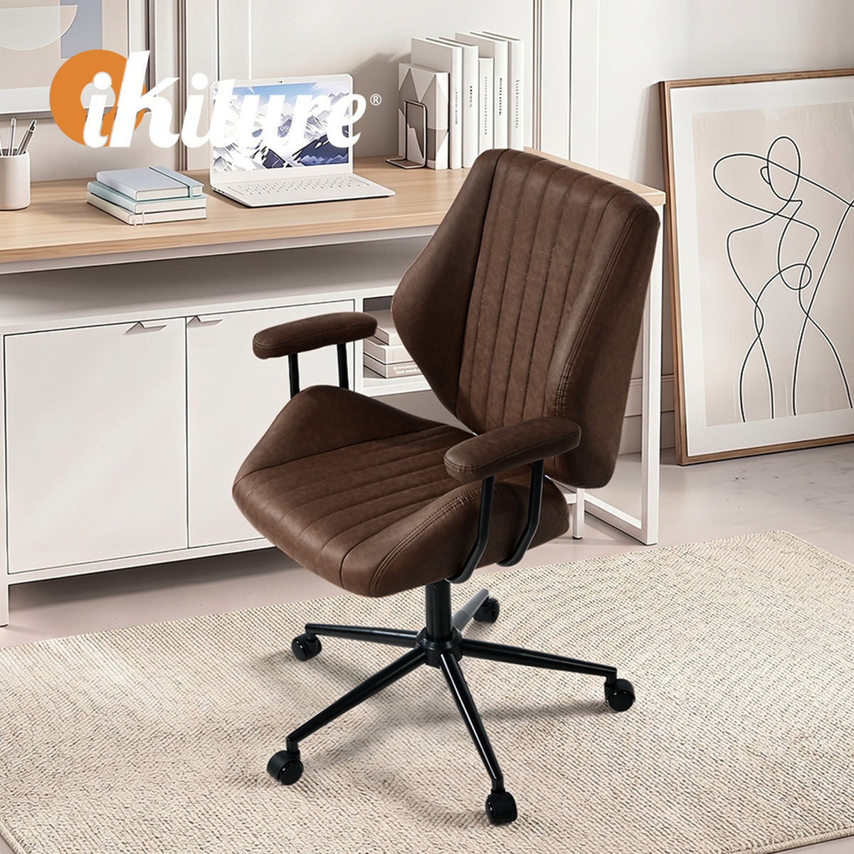 Oikiture Office Chair Mid Back Swivel Gaming Desk Chair with Padded Arms Dark Brown - Sunyee