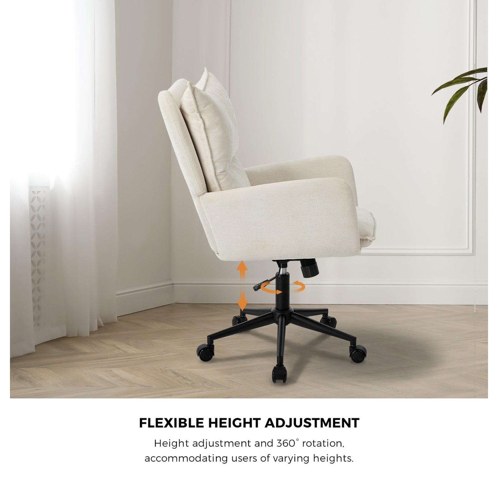 Oikiture Mid Back Office Chair Swivel Desk Chair Wide Seat Armrest Beige