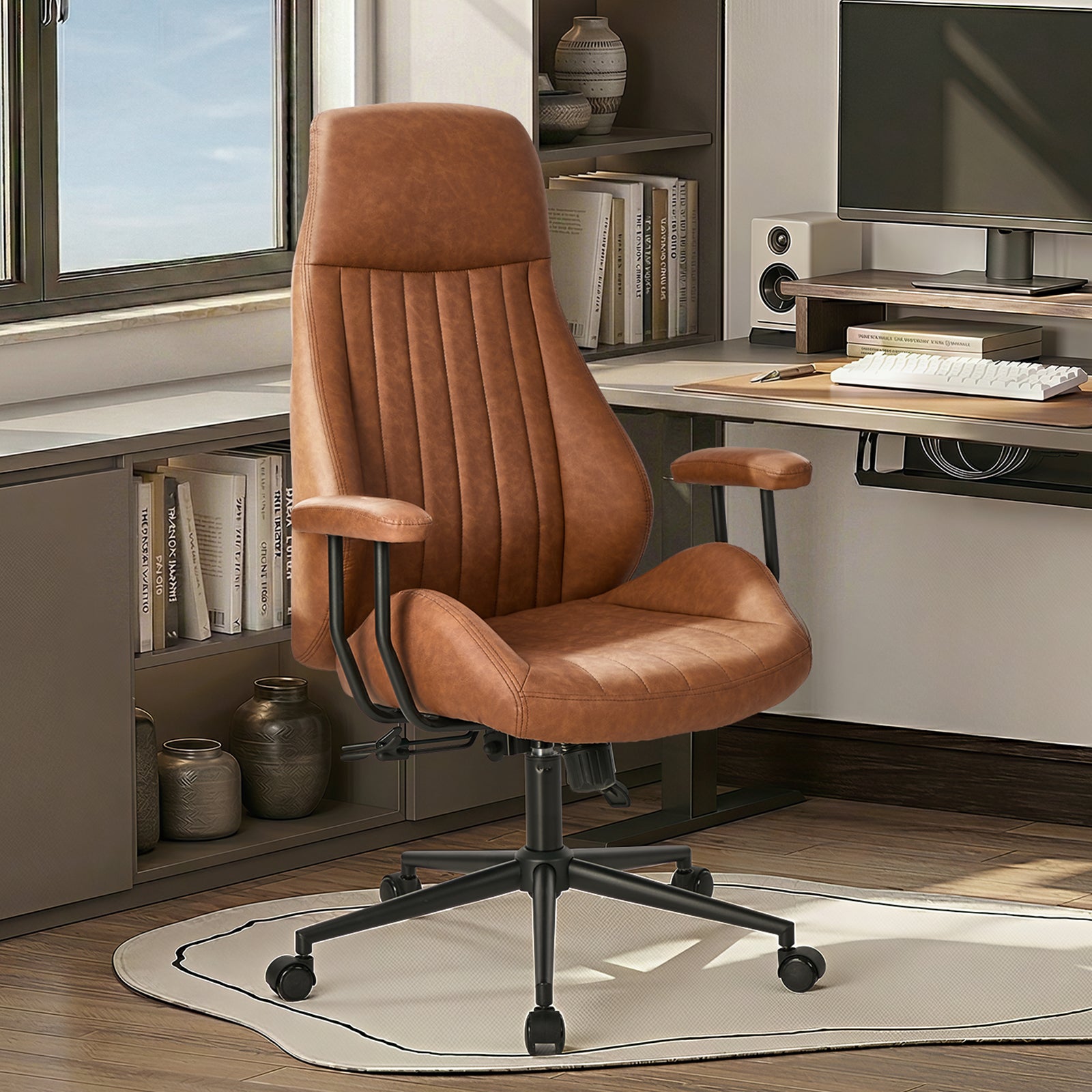 Oikiture Office Chair High Back Swivel Rolling Gaming Computer Chairs Brown