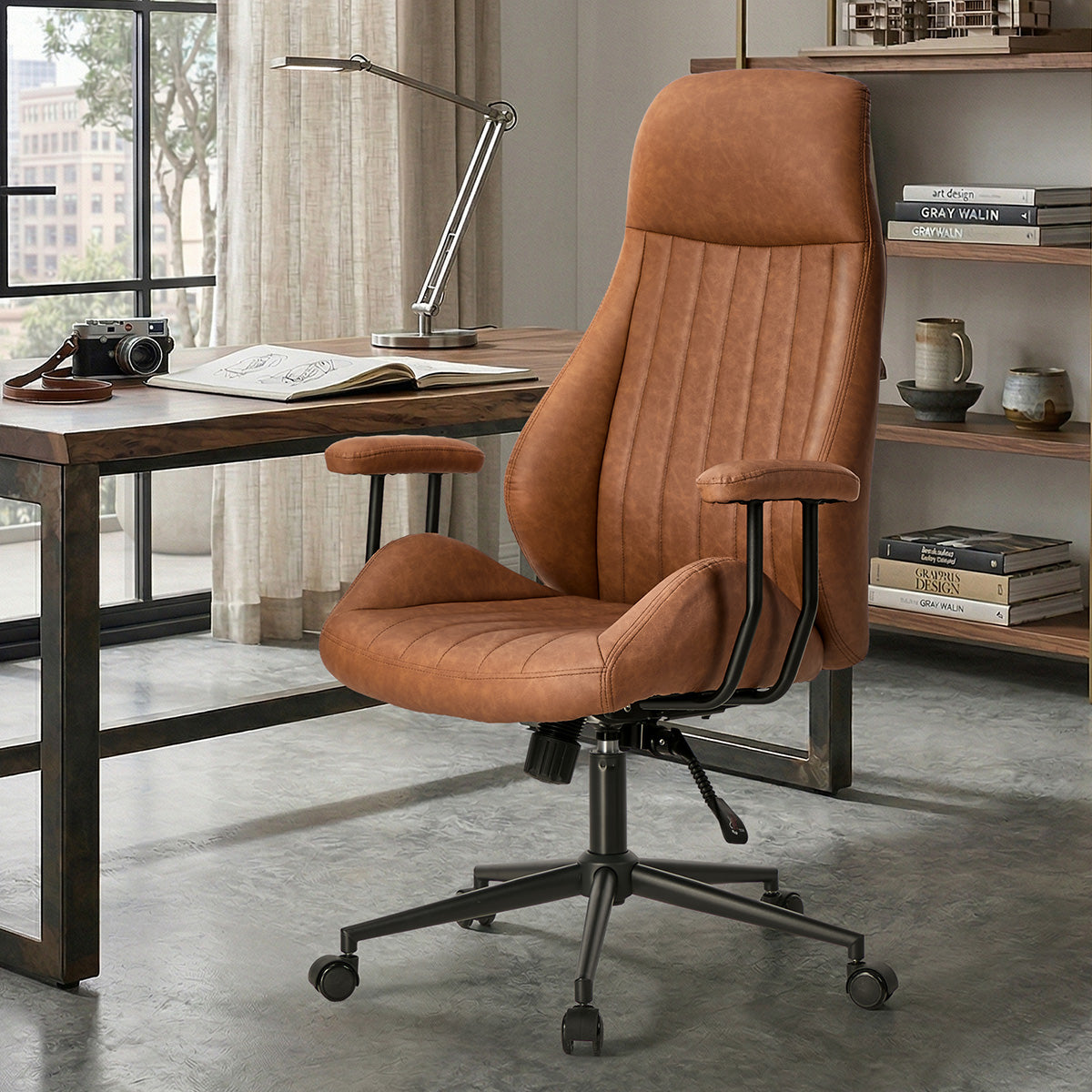Oikiture Office Chair High Back Swivel Rolling Gaming Computer Chairs Brown