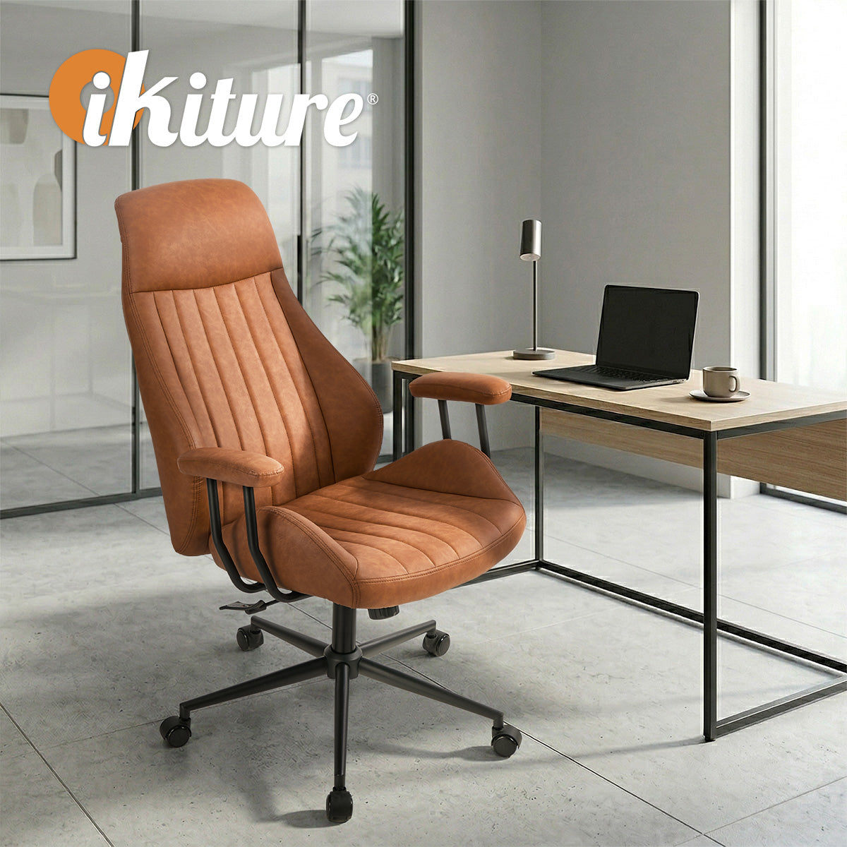 Oikiture Office Chair High Back Swivel Rolling Gaming Computer Chairs Brown