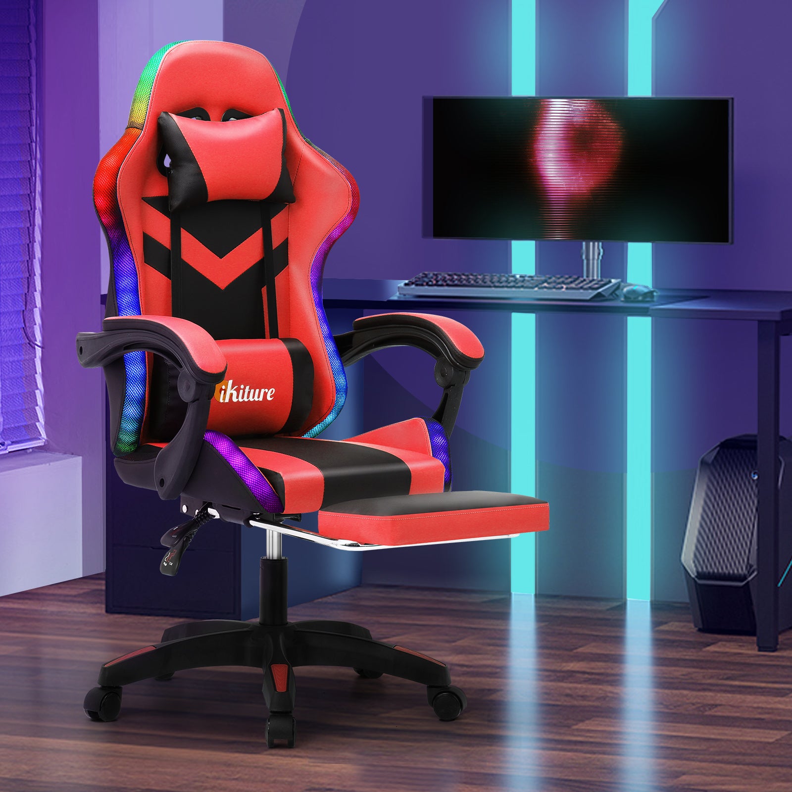 Oikiture Gaming Chair 7 RGB LED 8 Points Massage Racing Recliner Office Computer