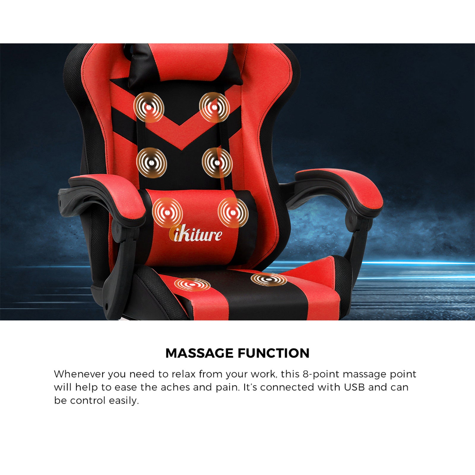 Oikiture Gaming Chair 7 RGB LED 8 Points Massage Racing Recliner Office Computer