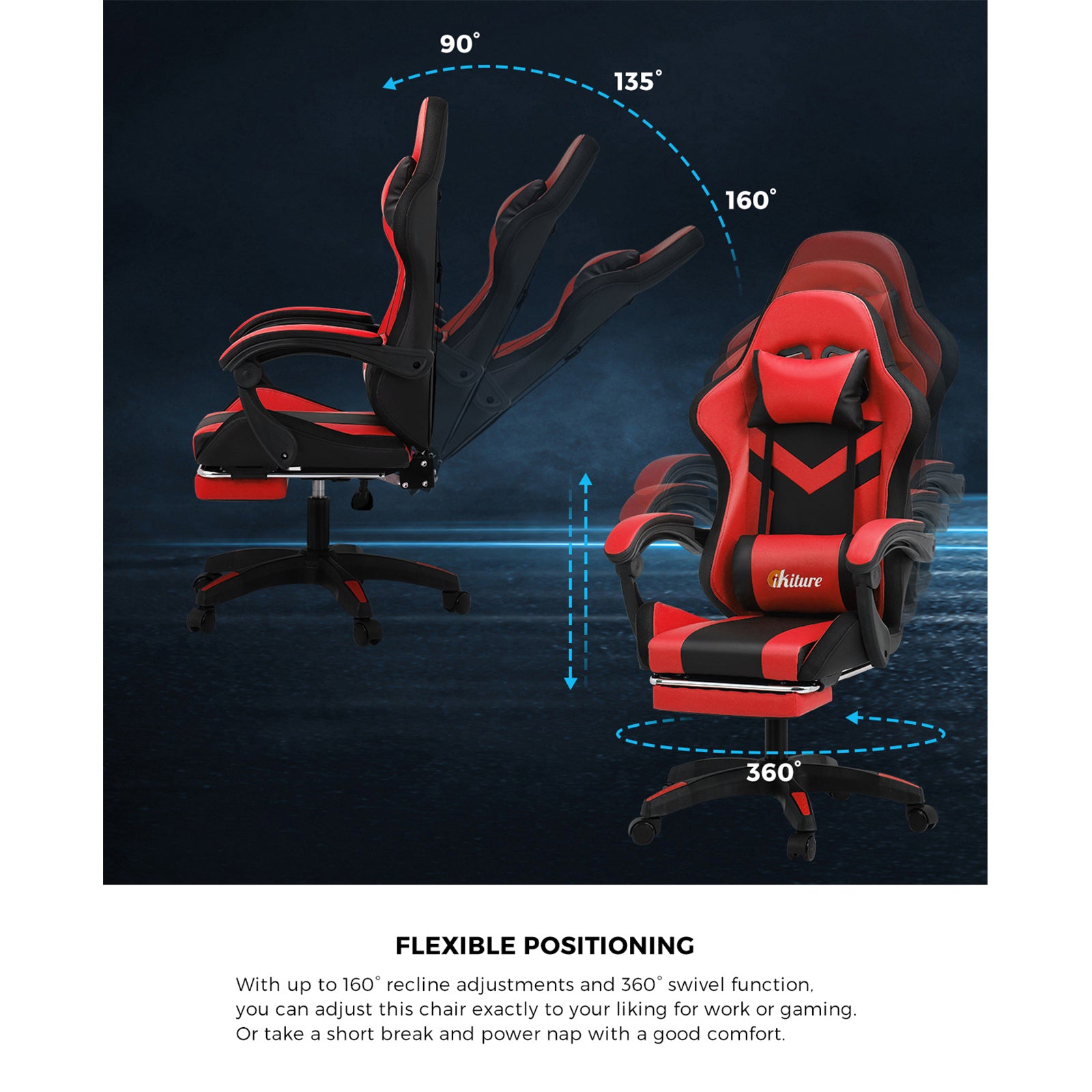 Oikiture Gaming Chair 7 RGB LED 8 Points Massage Racing Recliner Office Computer
