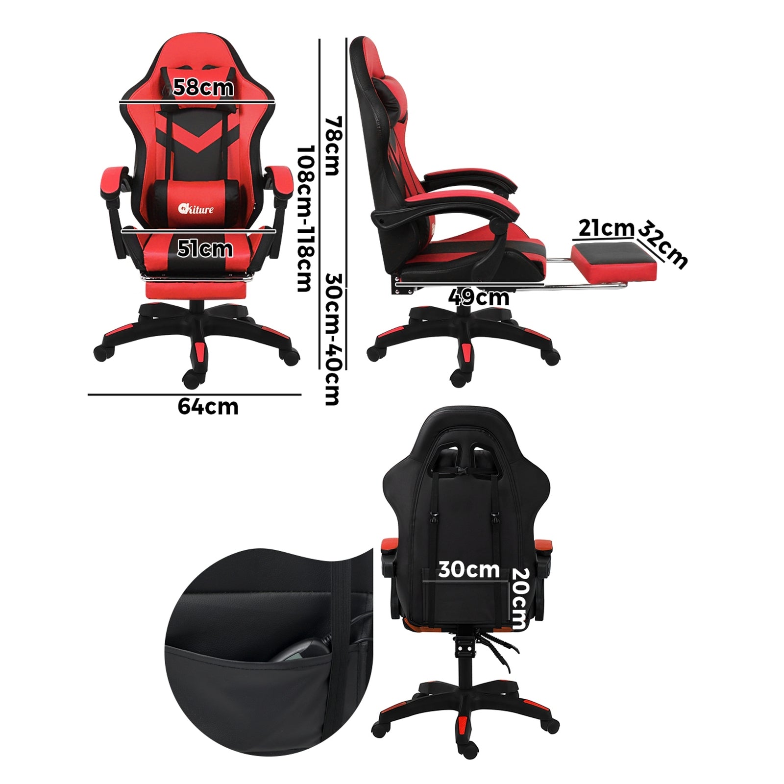 Oikiture Gaming Chair 7 RGB LED 8 Points Massage Racing Recliner Office Computer