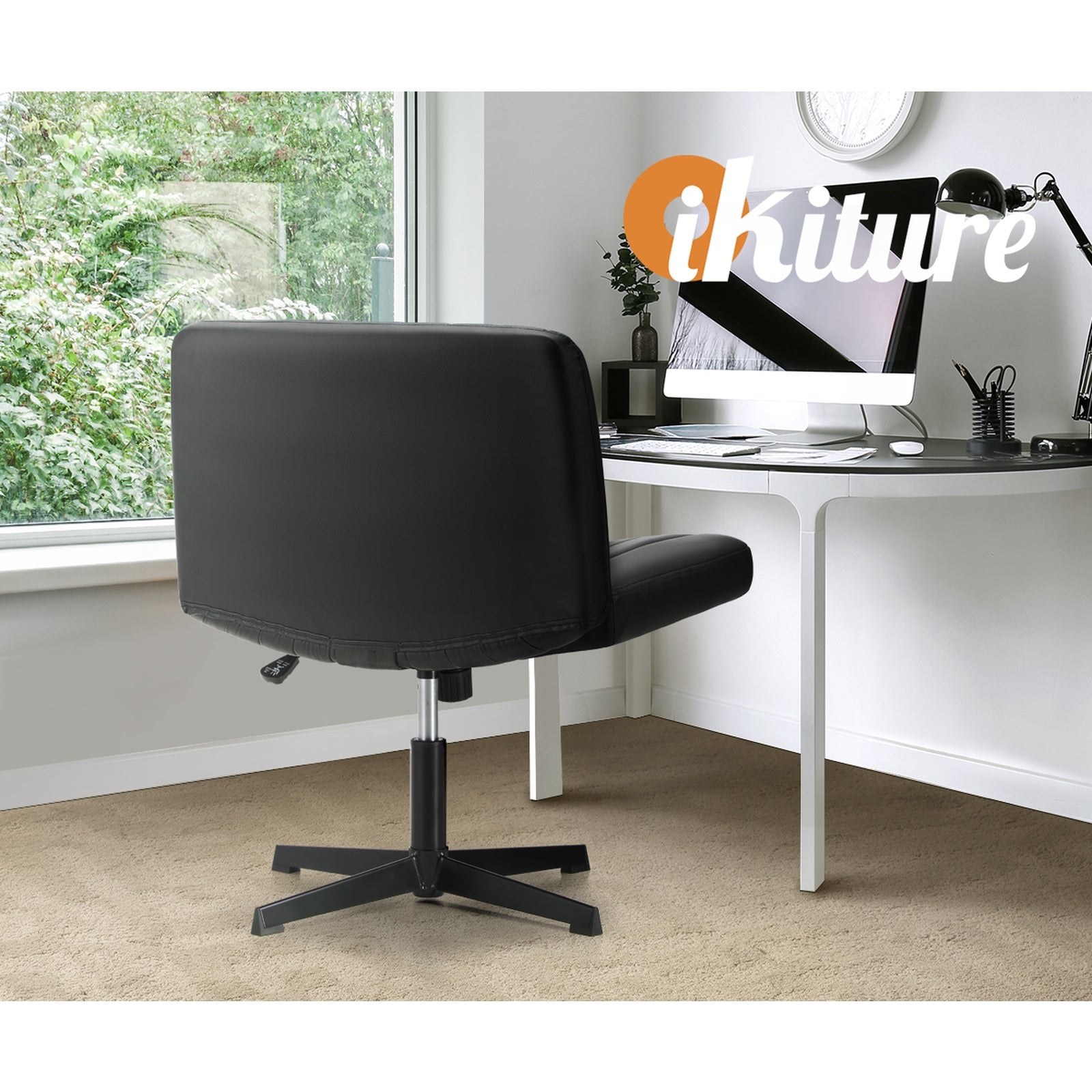 Oikiture Mid Back Armless Office Desk Chair Wide Seat PU Leather Black - Sunyee
