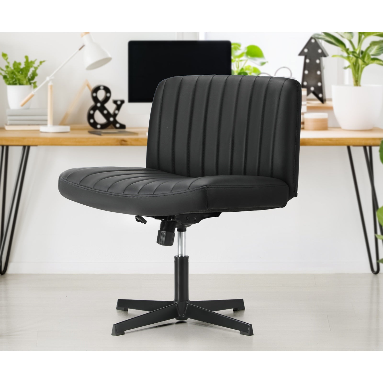 Oikiture Mid Back Armless Office Desk Chair Wide Seat PU Leather Black - Sunyee