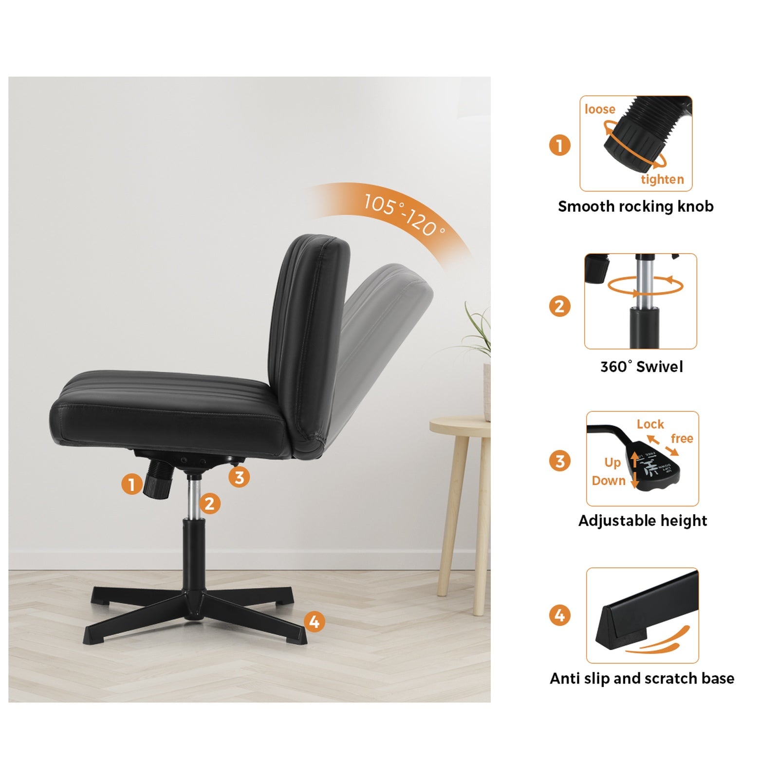 Oikiture Mid Back Armless Office Desk Chair Wide Seat PU Leather Black - Sunyee