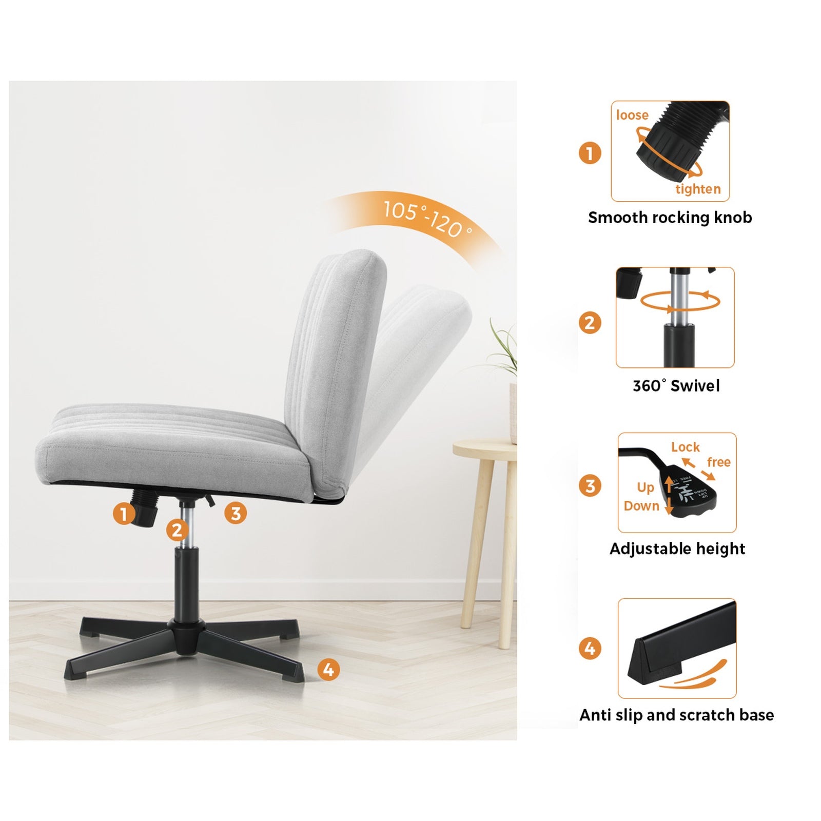 Oikiture Mid Back Armless Office Desk Chair Height Adjustable Wide Seat Grey - Sunyee
