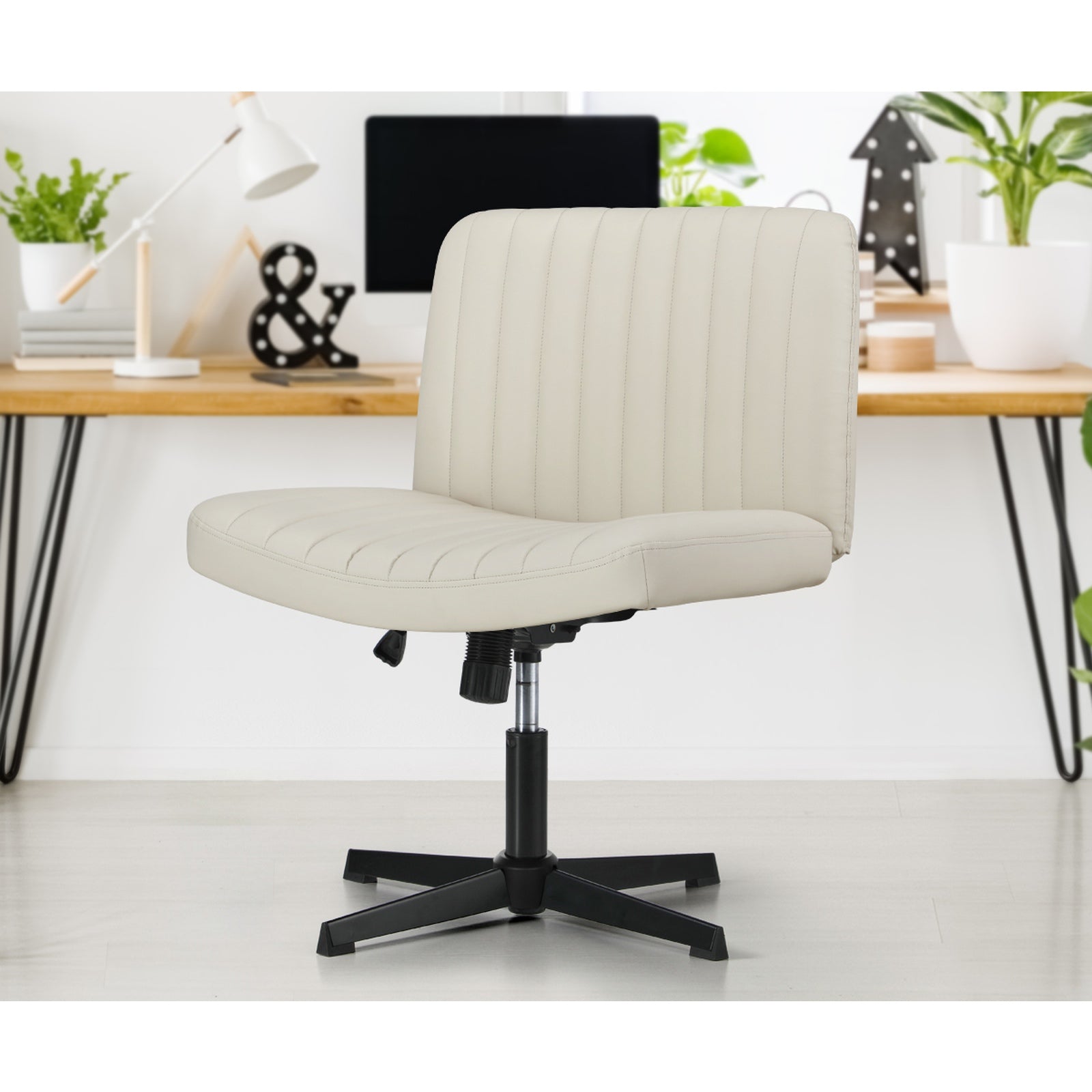 Oikiture Mid Back Armless Office Desk Chair Wide Seat PU Leather Beige - Sunyee