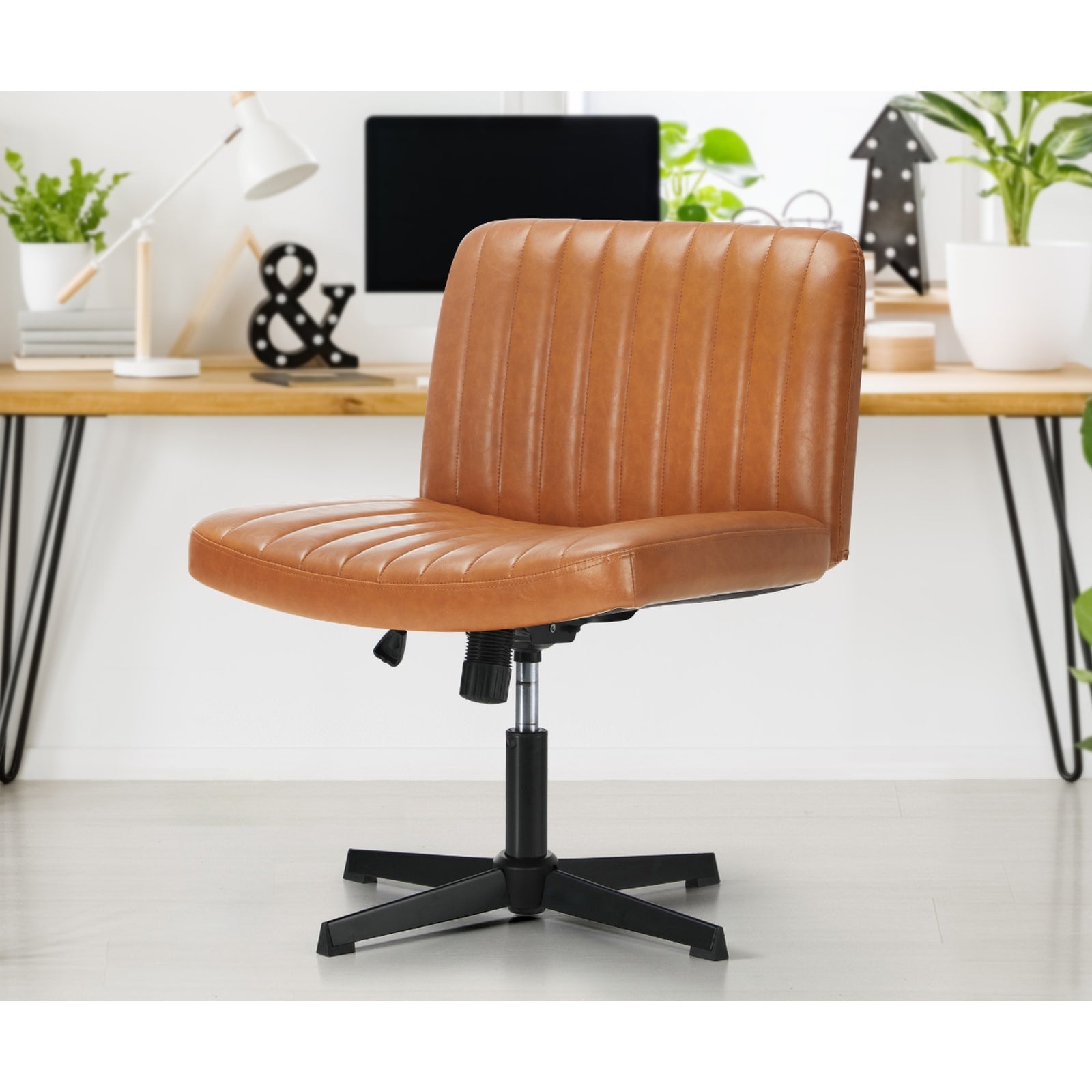 Oikiture Mid Back Armless Office Desk Chair Wide Seat PU Leather Brown - Sunyee