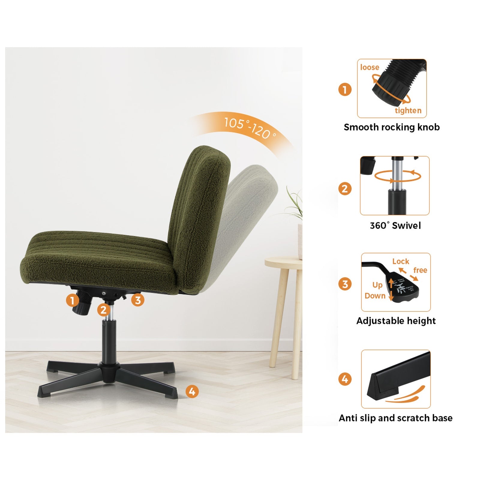 Oikiture Mid Back Armless Office Desk Chair Wide Seat Sherpa Green - Sunyee